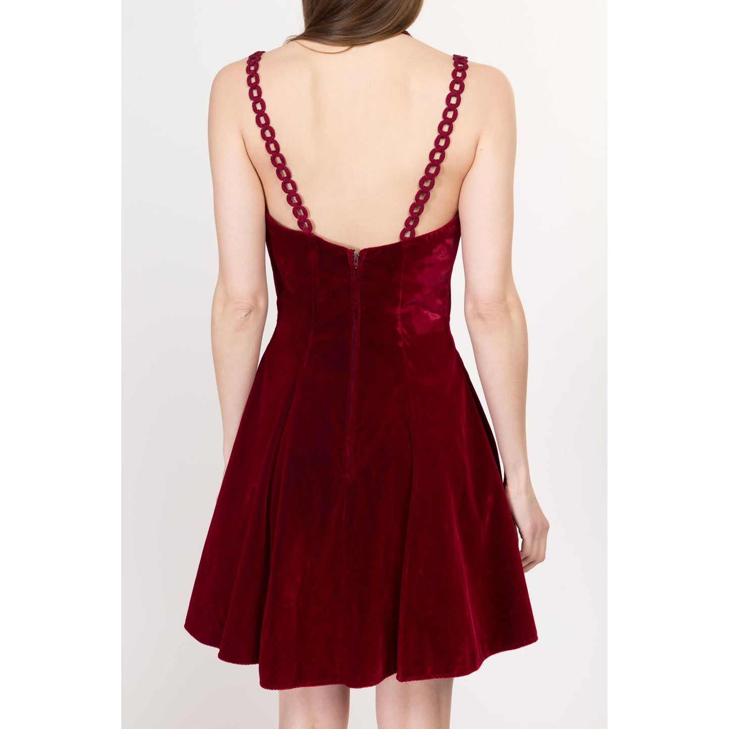 Small 80s Oxblood Red Velvet Chain Strap Party Dress | Vintage Zum Zum Low Back Sweetheart Neck Fit & Flare Mini Dress