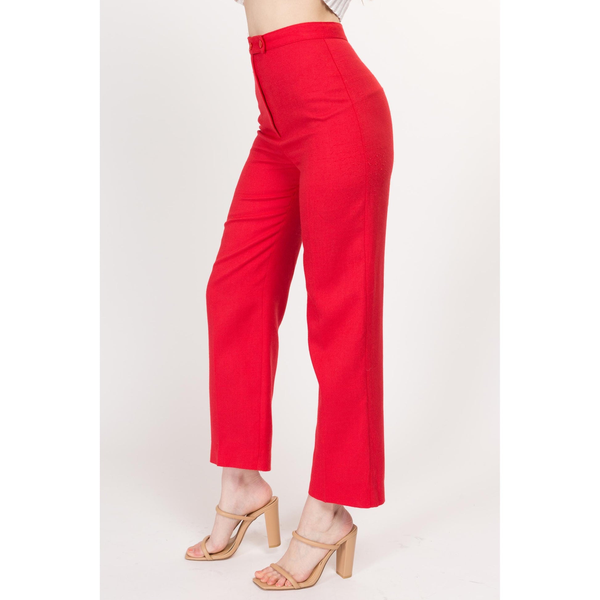 XS 70s Coral Red High Waisted Pants 24" | Retro Vintage Straight Leg Trousers