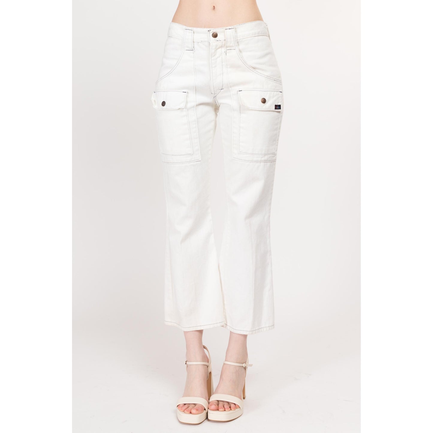 Small 70s H.I.S. White Mid Rise Flared Cargo Pants | Retro Vintage Kick Flare Petite Ankle Trousers