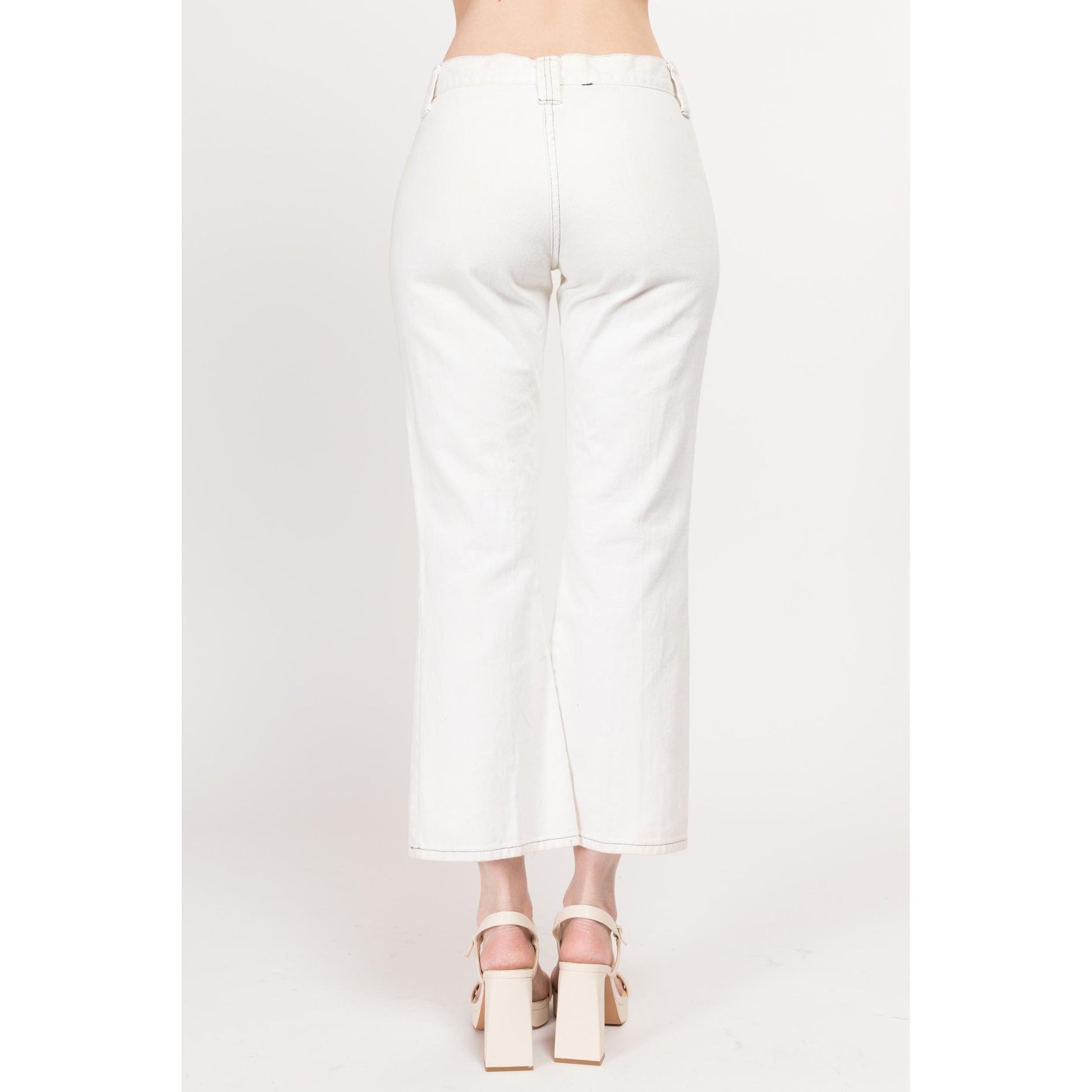 Small 70s H.I.S. White Mid Rise Flared Cargo Pants | Retro Vintage Kick Flare Petite Ankle Trousers