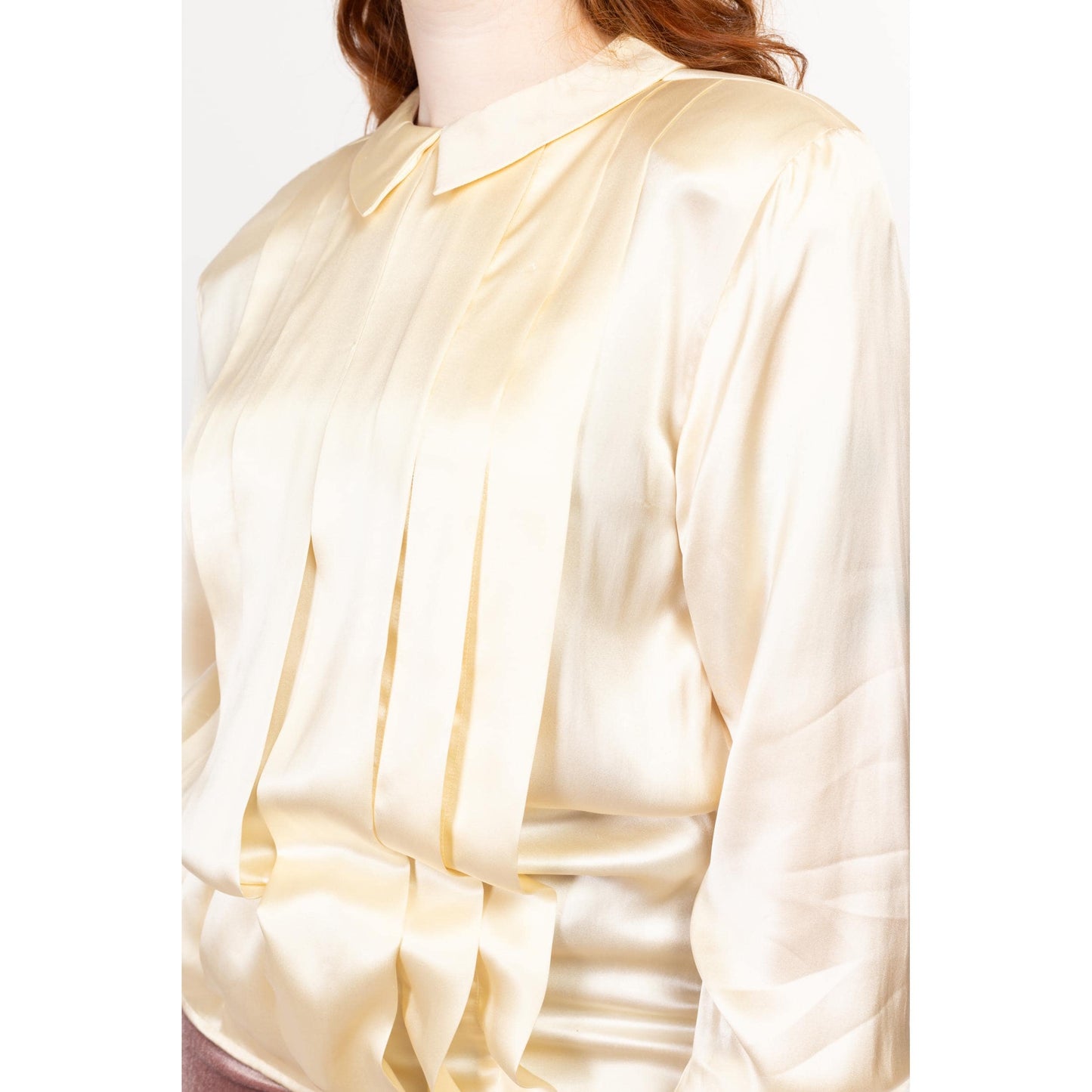 Large 80s Christian Dior Ivory Silk Satin Pleated Blouse NWT | Vintage Peter Pan Collar Long Sleeve Button Back Secretary Top