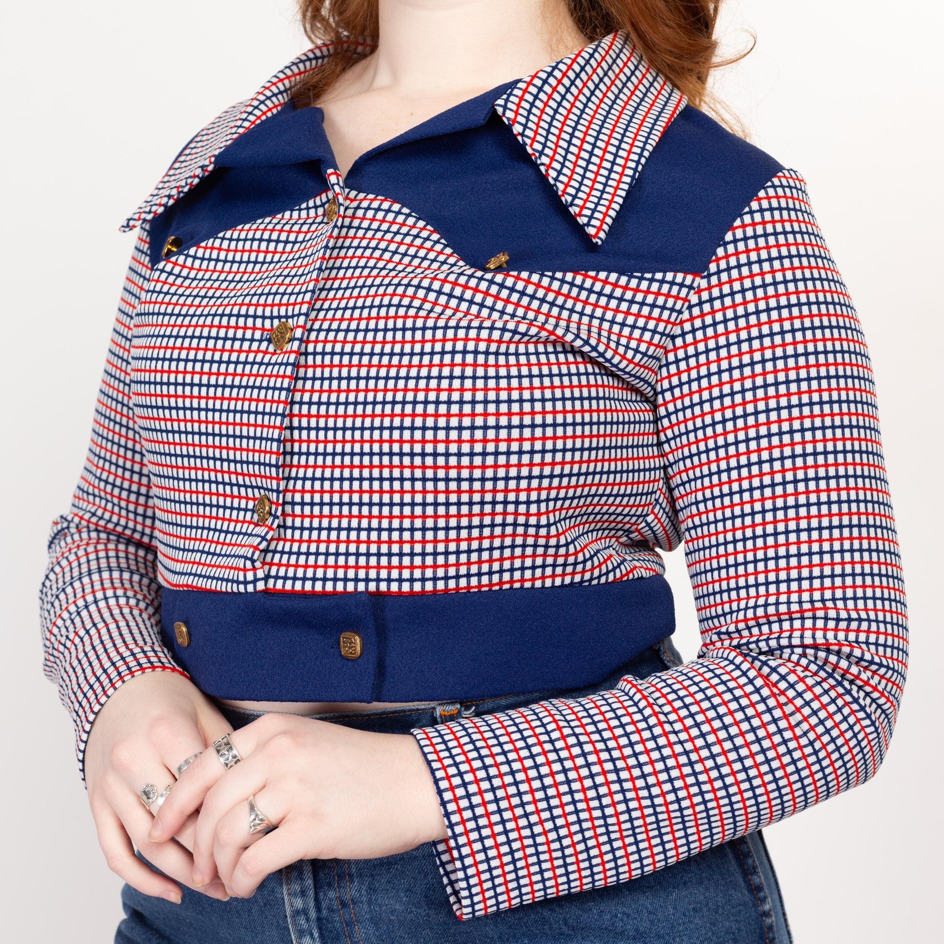 Large 70s Western Red White & Blue Checkered Crop Top | Vintage Long Sleeve Button Up Cropped Shirt Jacket