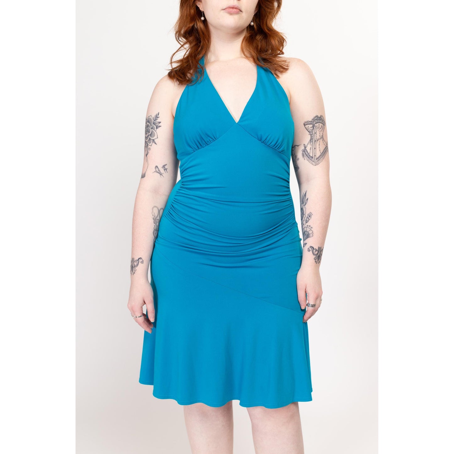 Medium 90s Blue Ruched Halter Party Dress | Vintage City Triangles Sleeveless Sexy Slinky Knee Length Dress