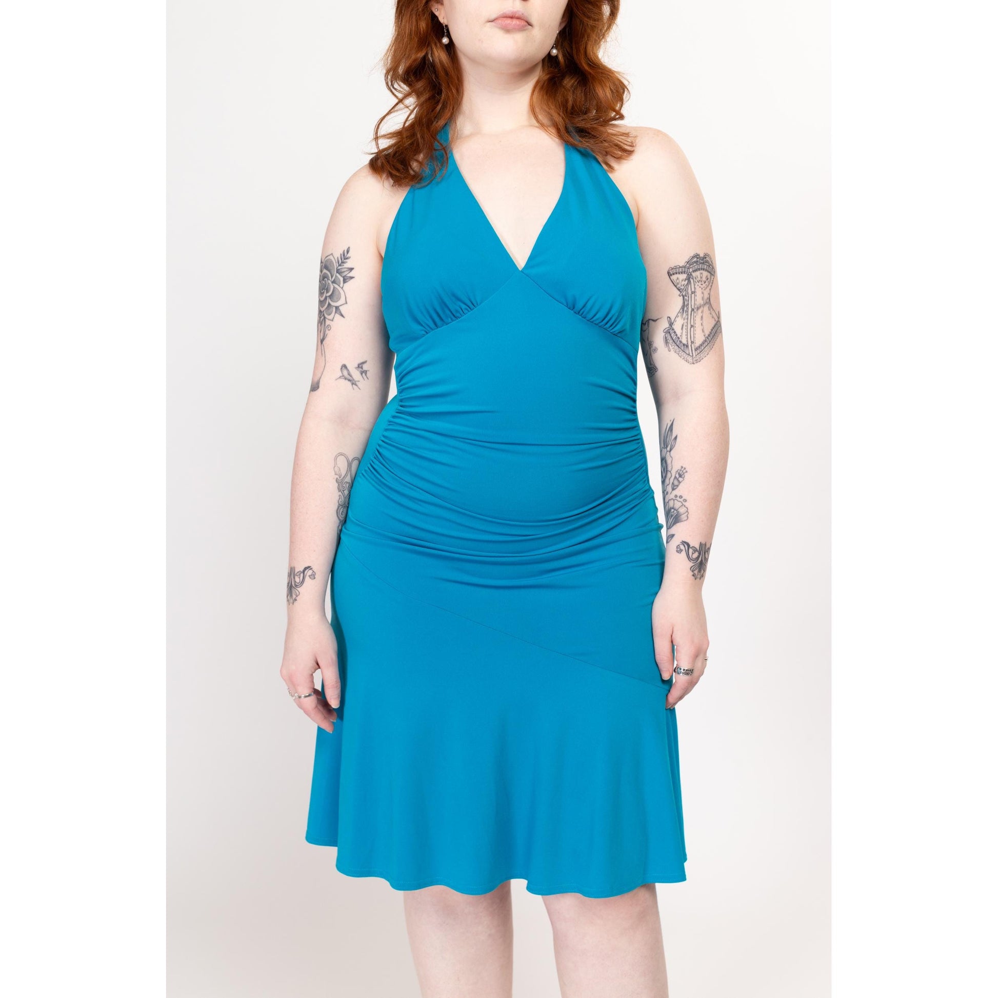 Medium 90s Blue Ruched Halter Party Dress | Vintage City Triangles Sleeveless Sexy Slinky Knee Length Dress