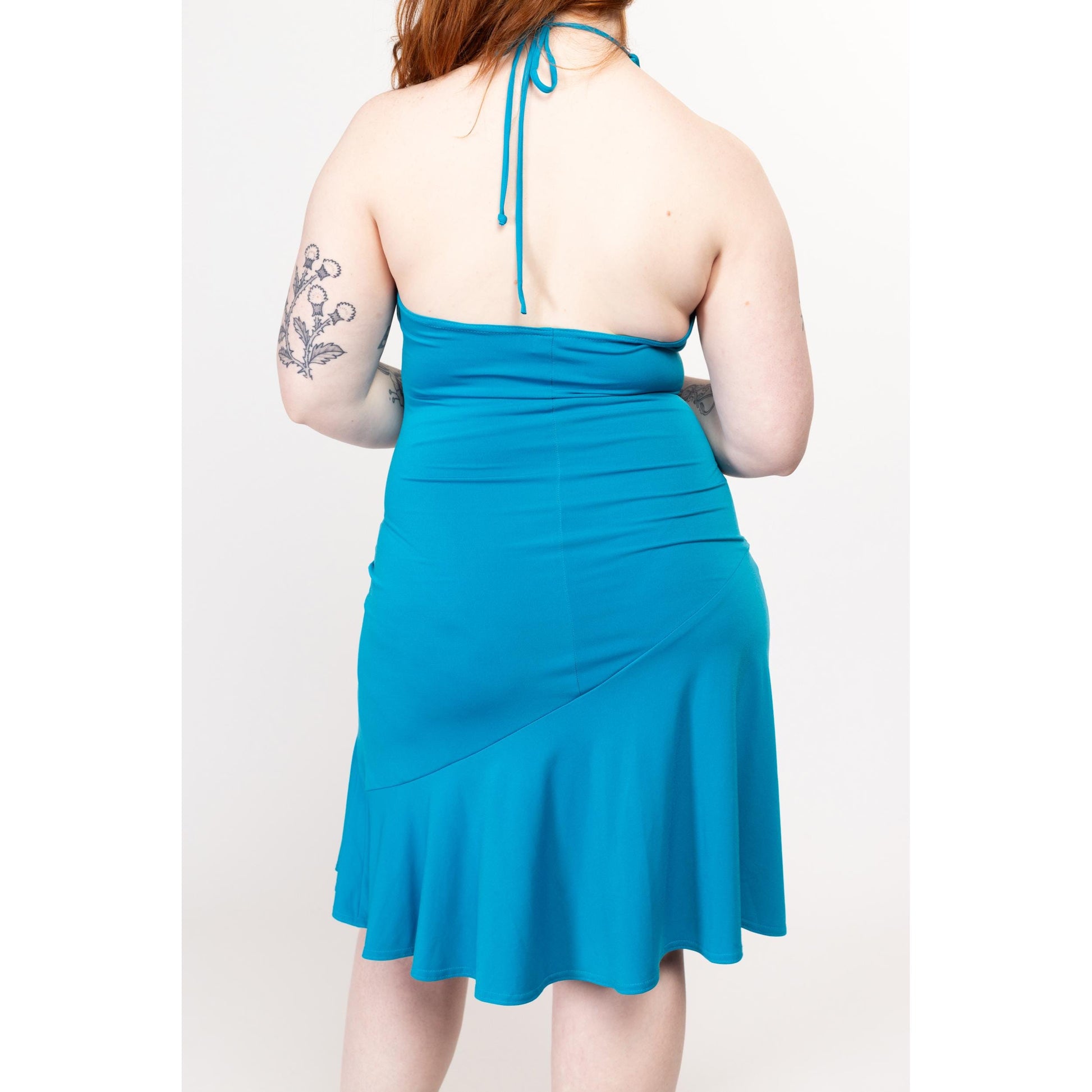 Medium 90s Blue Ruched Halter Party Dress | Vintage City Triangles Sleeveless Sexy Slinky Knee Length Dress