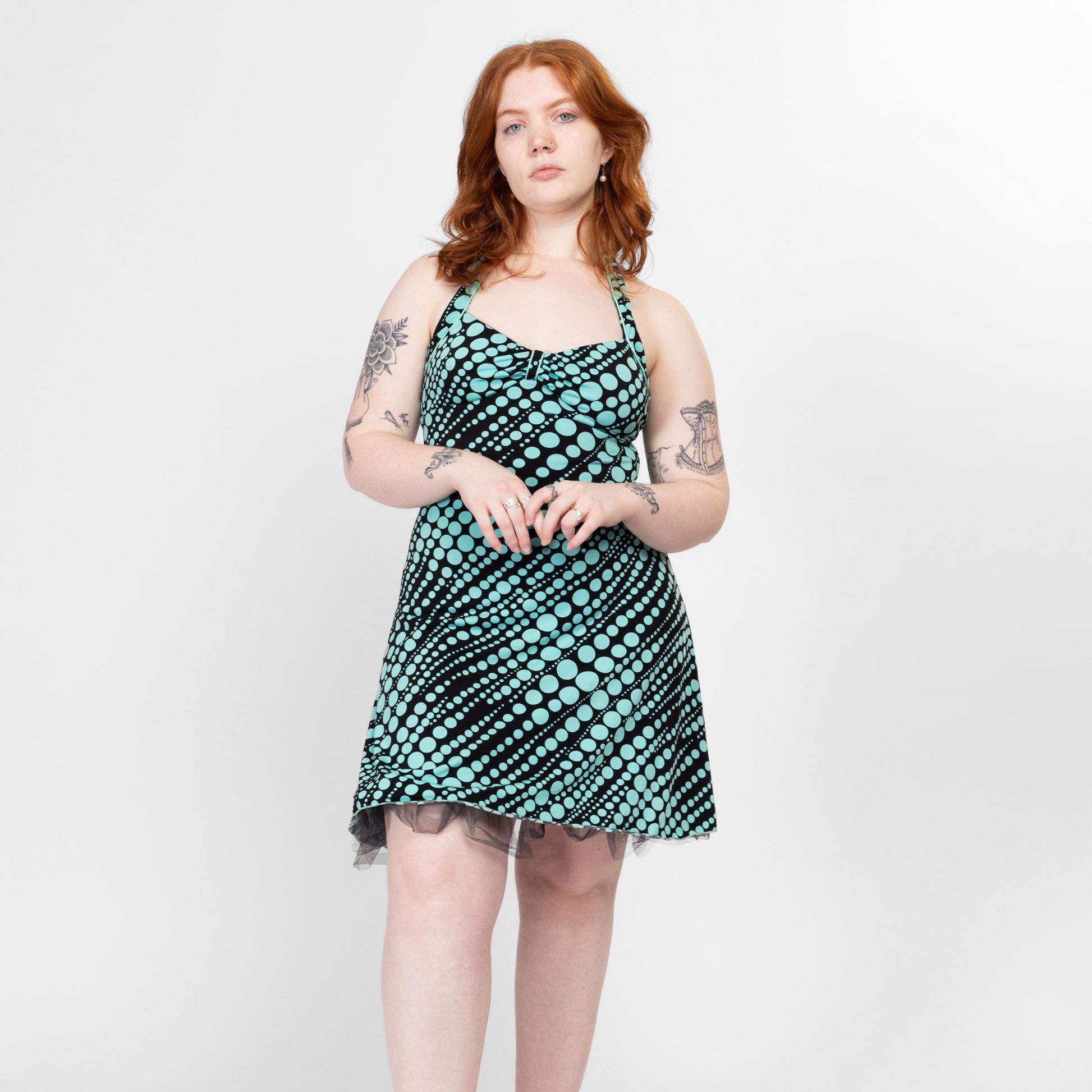 Large 90s Pinup Polka Dot Halter Dress | Vintage Black & Aqua Blue Rockabilly Mini Party Dress