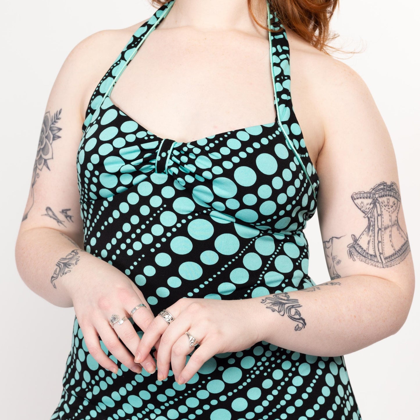 Large 90s Pinup Polka Dot Halter Dress | Vintage Black & Aqua Blue Rockabilly Mini Party Dress