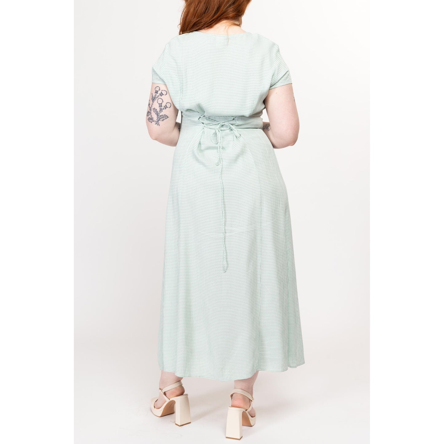 Medium 90s White & Green Gingham Corset Back Maxi Dress | Vintage Abalone Button Up Short Sleeve Grunge Sundress