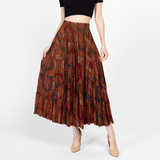 XS-Med 90s Boho Earth Tone Maxi Broomstick Skirt 25"-29" | Vintage Brown Abstract Print Pleated Hippie Skirt