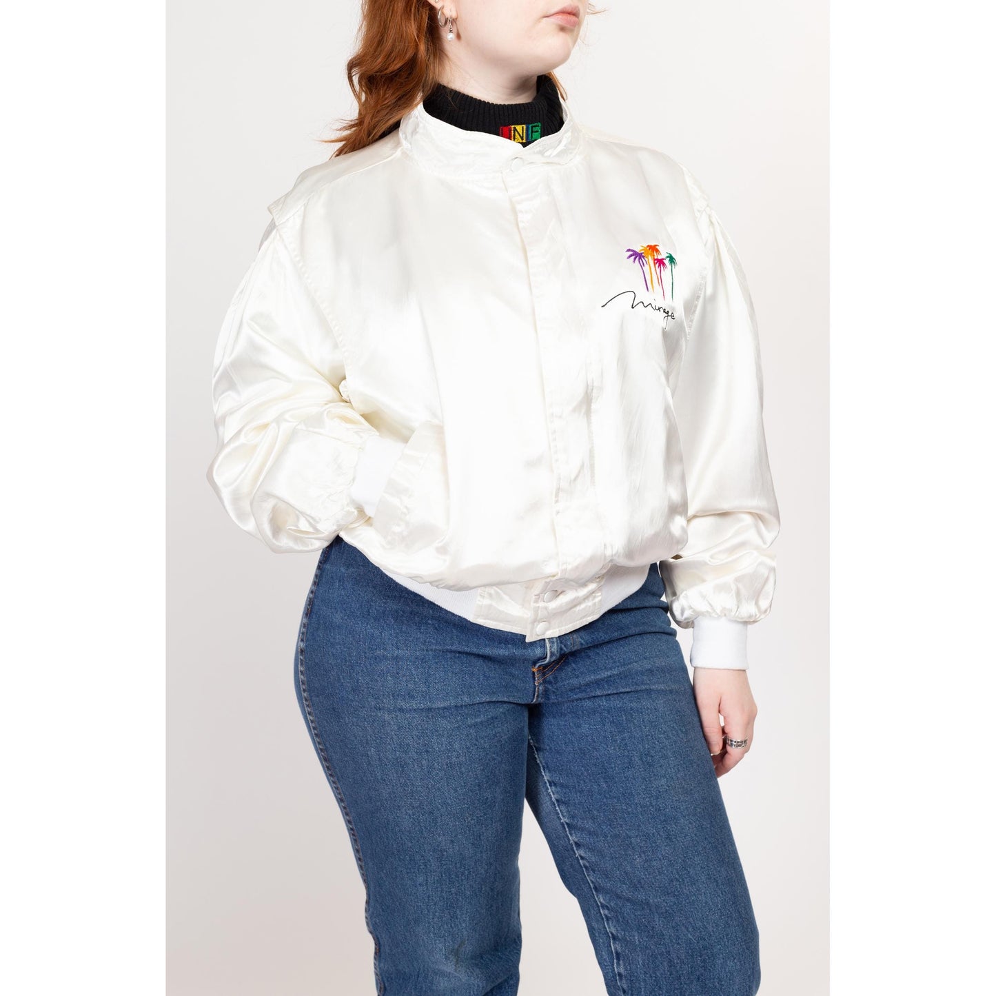 Lrg-XL 80s Mirage Las Vegas White Satin Bomber Jacket | Vintage Zip Up Embroidered Graphic Lightweight Cafe Racer Windbreaker