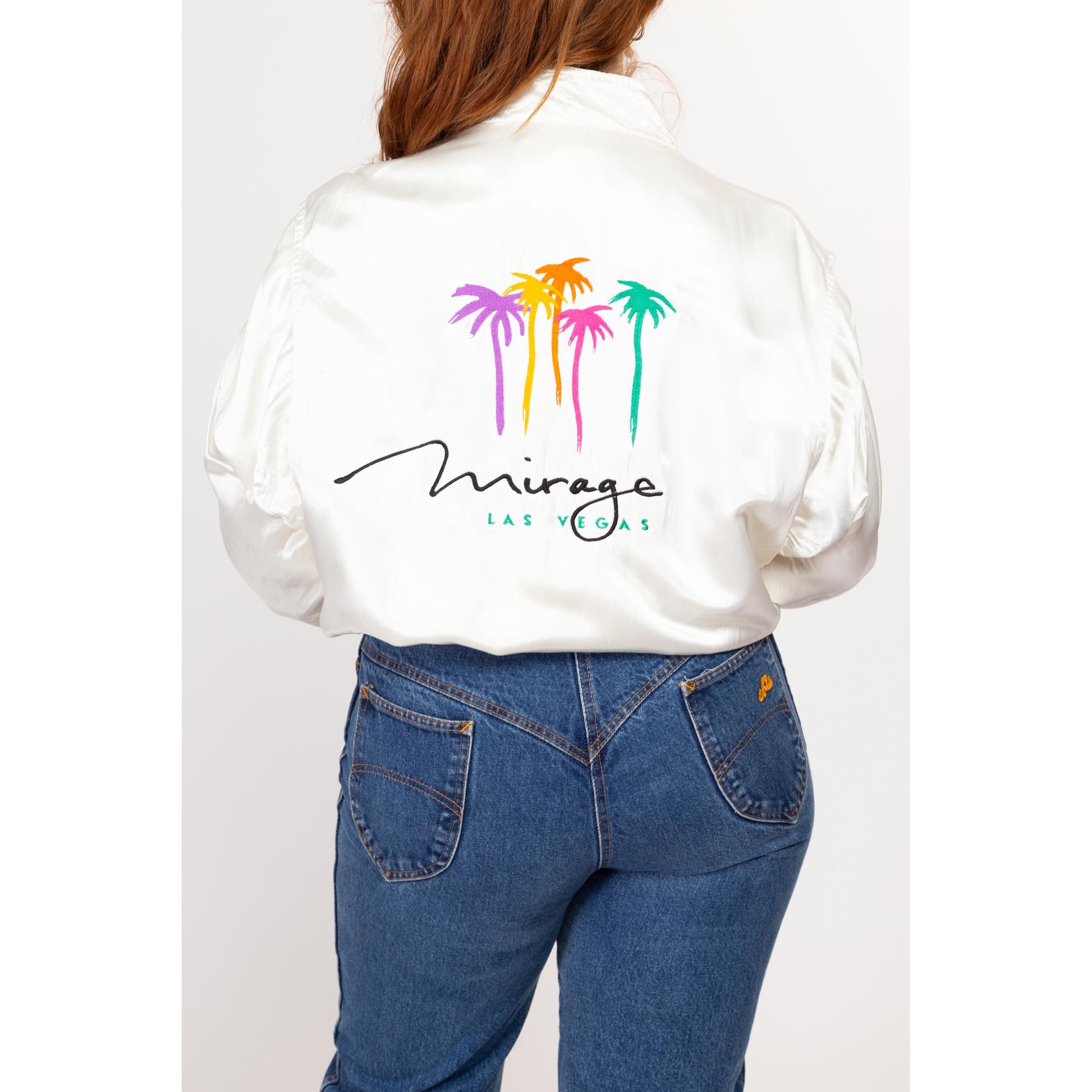 Lrg-XL 80s Mirage Las Vegas White Satin Bomber Jacket | Vintage Zip Up Embroidered Graphic Lightweight Cafe Racer Windbreaker