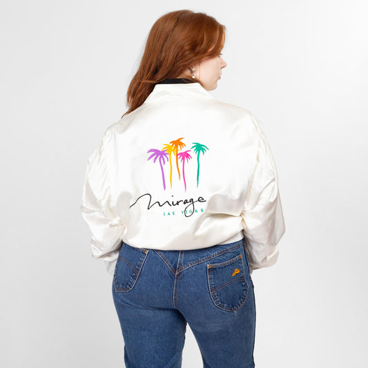 Lrg-XL 80s Mirage Las Vegas White Satin Bomber Jacket | Vintage Zip Up Embroidered Graphic Lightweight Cafe Racer Windbreaker