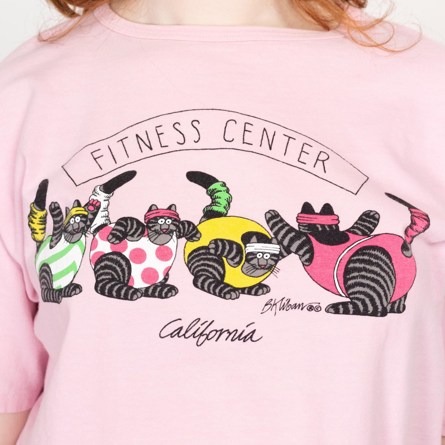 Large 90s Kliban Cat Fitness Center Cropped T Shirt | Vintage Pink Crazy Shirts Cartoon Animal Front & Back Graphic Crop Top Tee