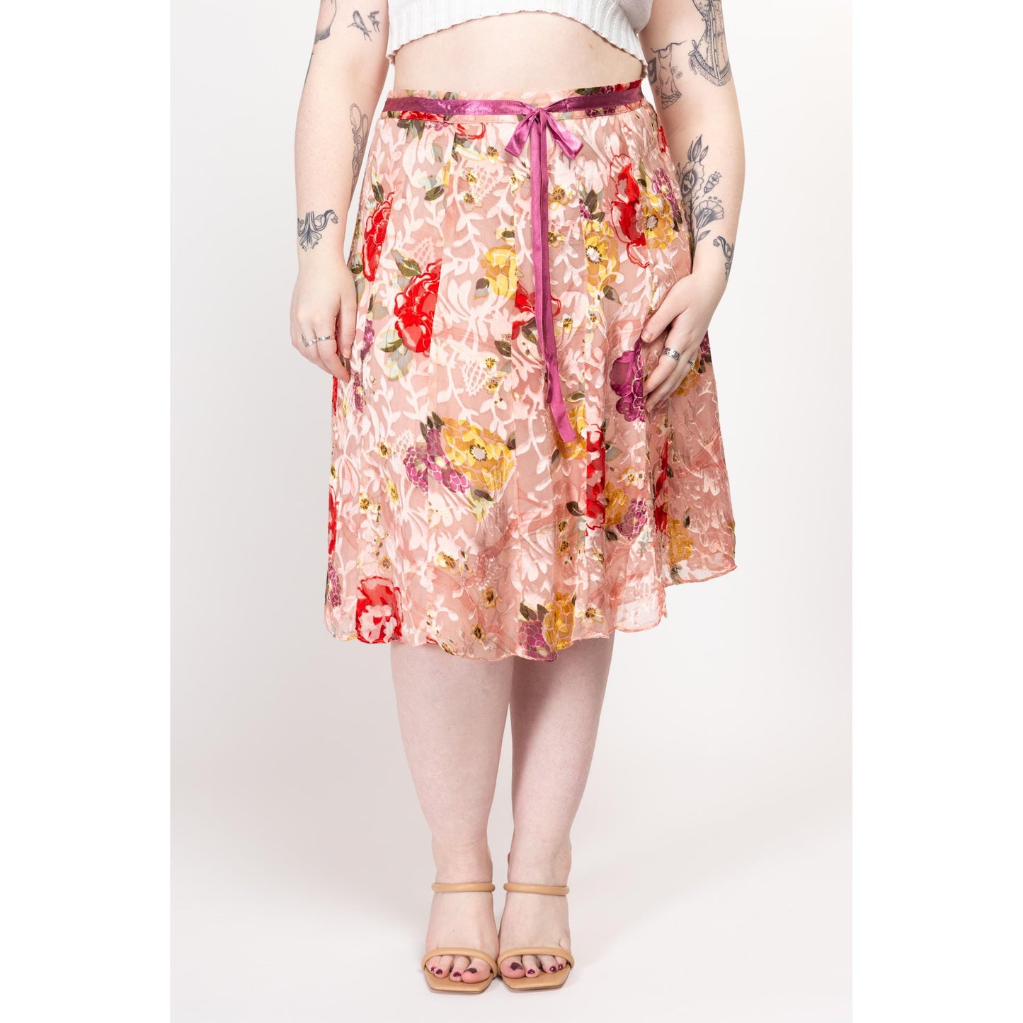 Large 90s Pink Floral Silk Burnout Midi Skirt 34” | Girly Vintage Mid Rise Flowy Silk Skirt