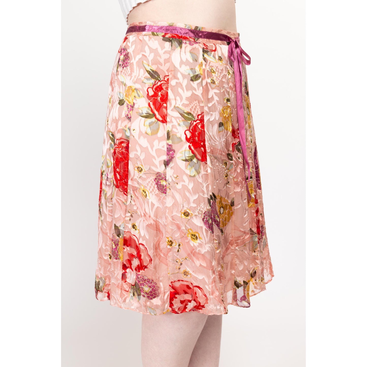 Large 90s Pink Floral Silk Burnout Midi Skirt 34” | Girly Vintage Mid Rise Flowy Silk Skirt