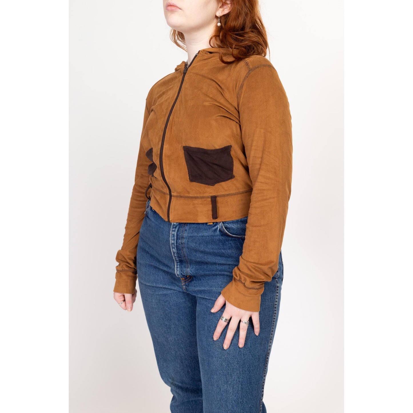 Large Y2K Bebe Cocoa Brown Ultrasuede Cropped Zip Up Jacket | Vintage Lightweight Hooded Crop Top