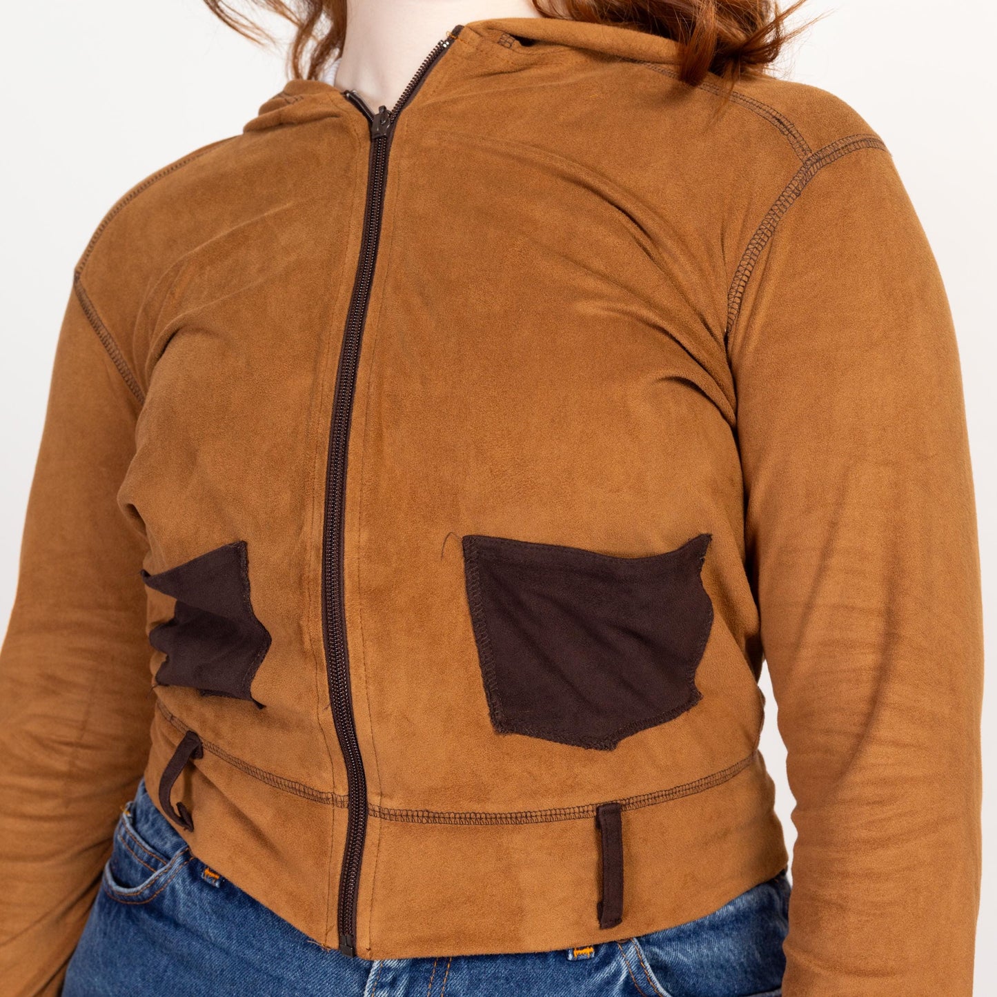 Large Y2K Bebe Cocoa Brown Ultrasuede Cropped Zip Up Jacket | Vintage Lightweight Hooded Crop Top