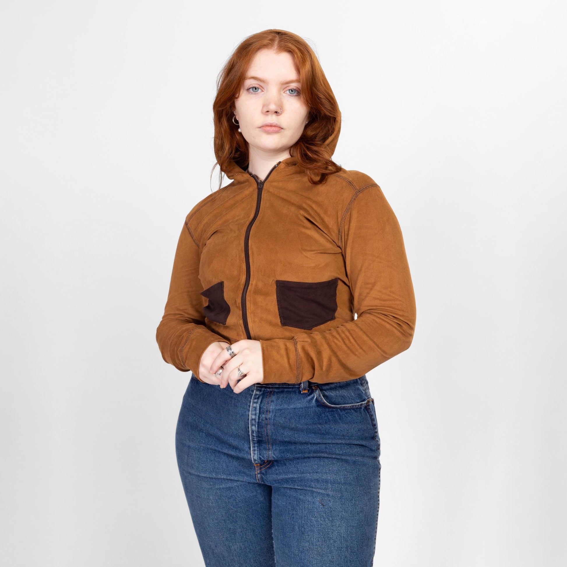 Large Y2K Bebe Cocoa Brown Ultrasuede Cropped Zip Up Jacket | Vintage Lightweight Hooded Crop Top