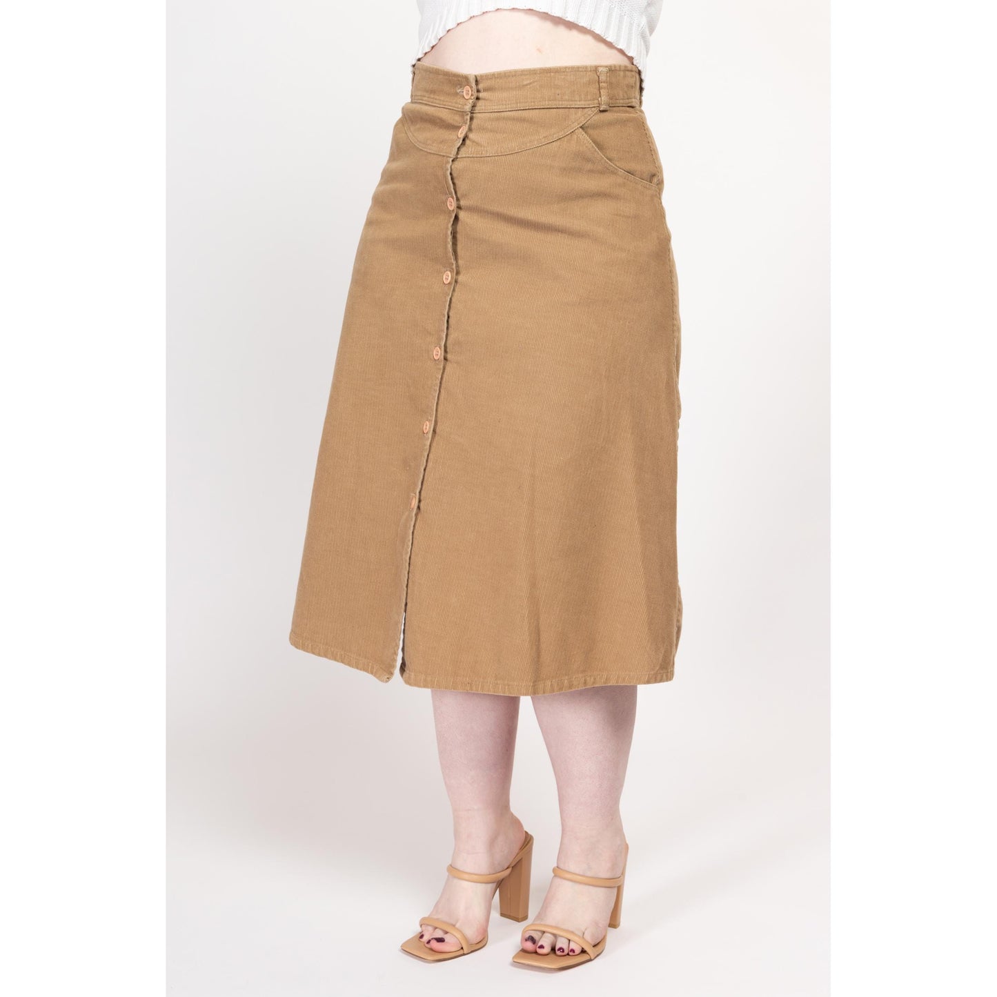 Large 70s Madewell Tan Corduroy Midi Skirt 32” | Vintage High Waisted Button Up A Line Retro Pocket Skirt