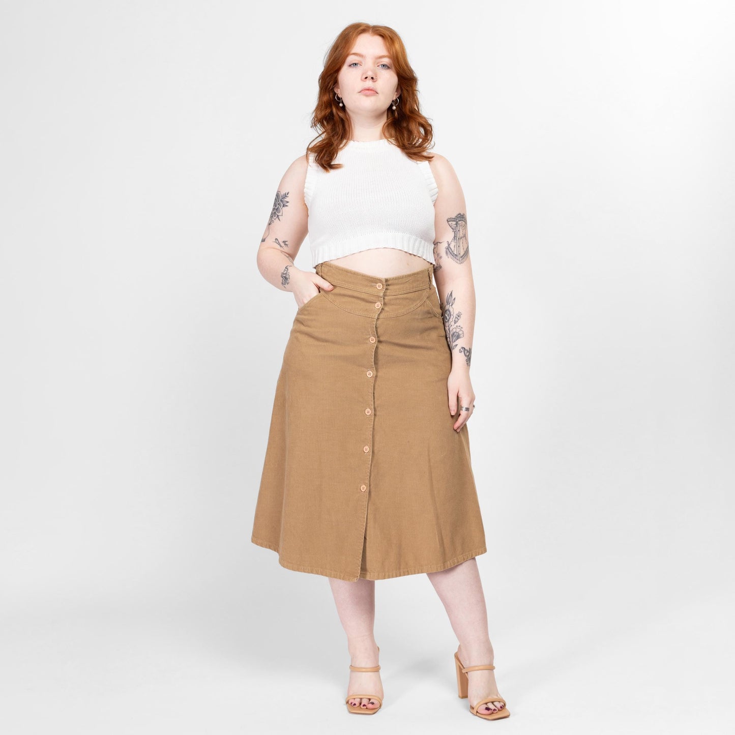 Large 70s Madewell Tan Corduroy Midi Skirt 32” | Vintage High Waisted Button Up A Line Retro Pocket Skirt