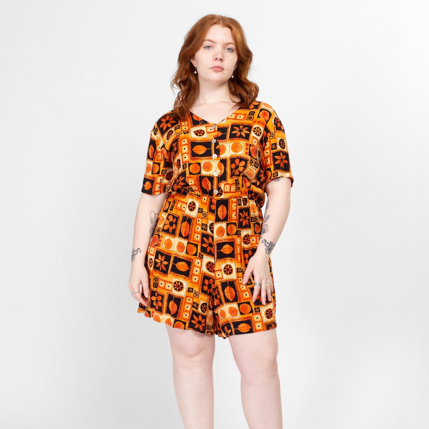 XL 80s Floral Block Print Wide Leg Romper | Vintage Orange & Black Short Sleeve Button Up Playsuit