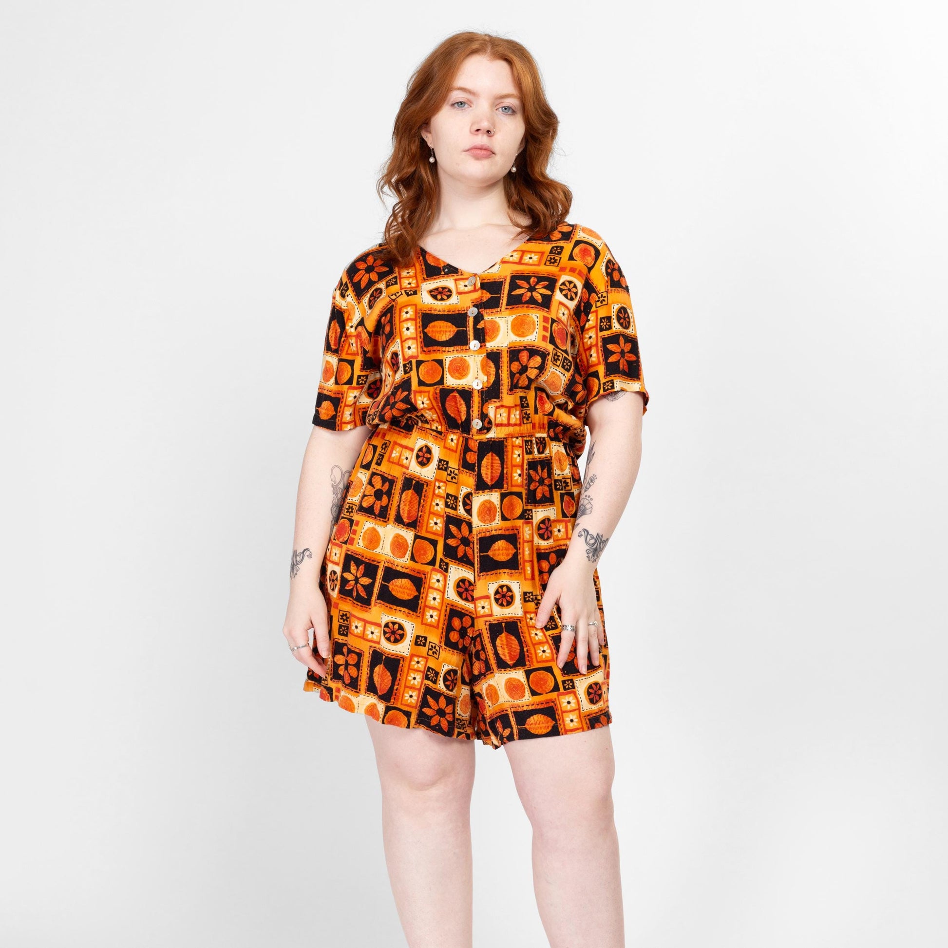 XL 80s Floral Block Print Wide Leg Romper | Vintage Orange & Black Short Sleeve Button Up Playsuit