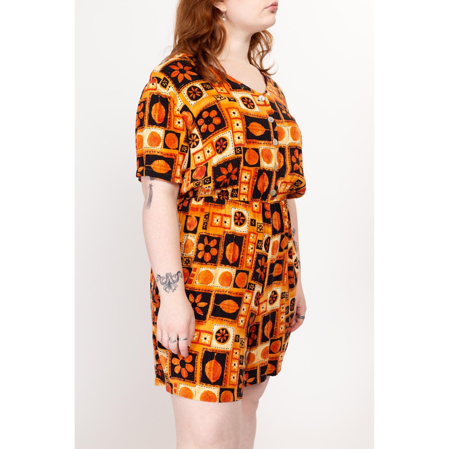 XL 80s Floral Block Print Wide Leg Romper | Vintage Orange & Black Short Sleeve Button Up Playsuit