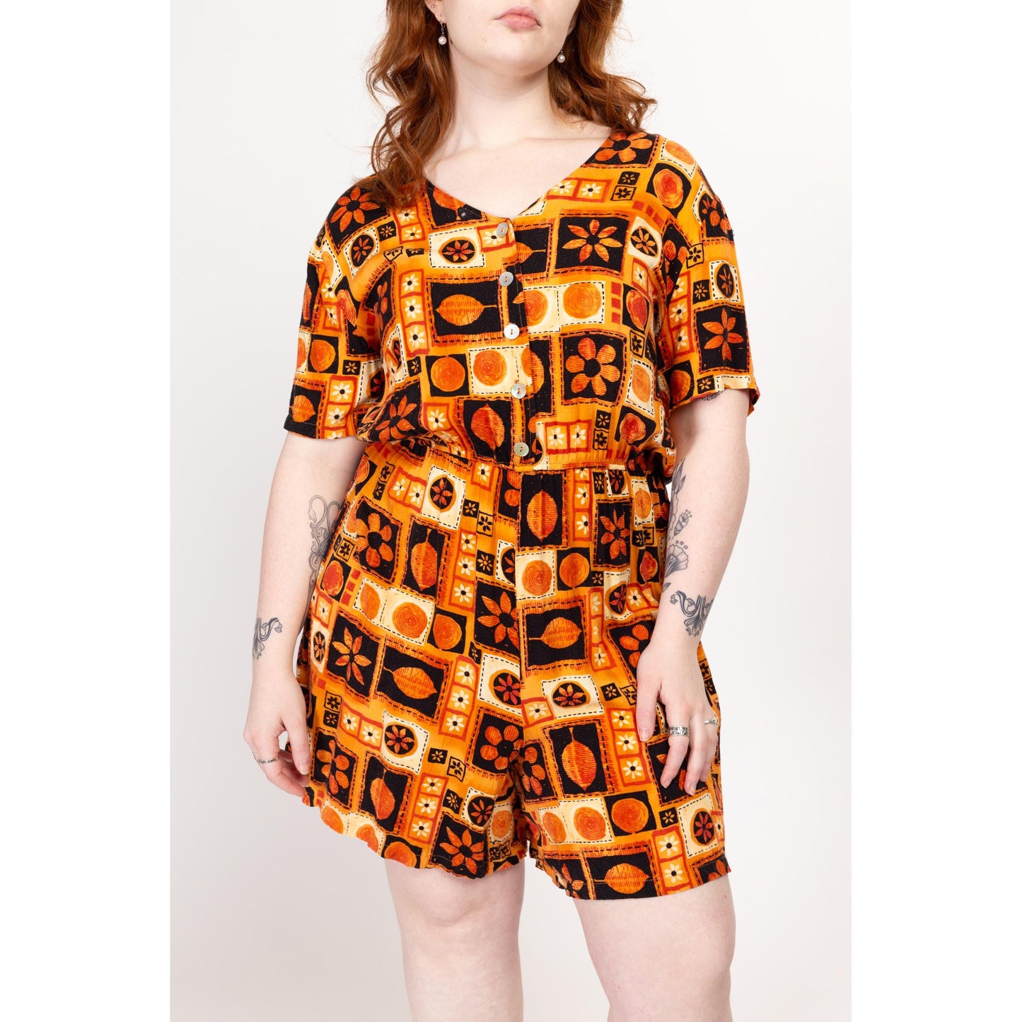 XL 80s Floral Block Print Wide Leg Romper | Vintage Orange & Black Short Sleeve Button Up Playsuit