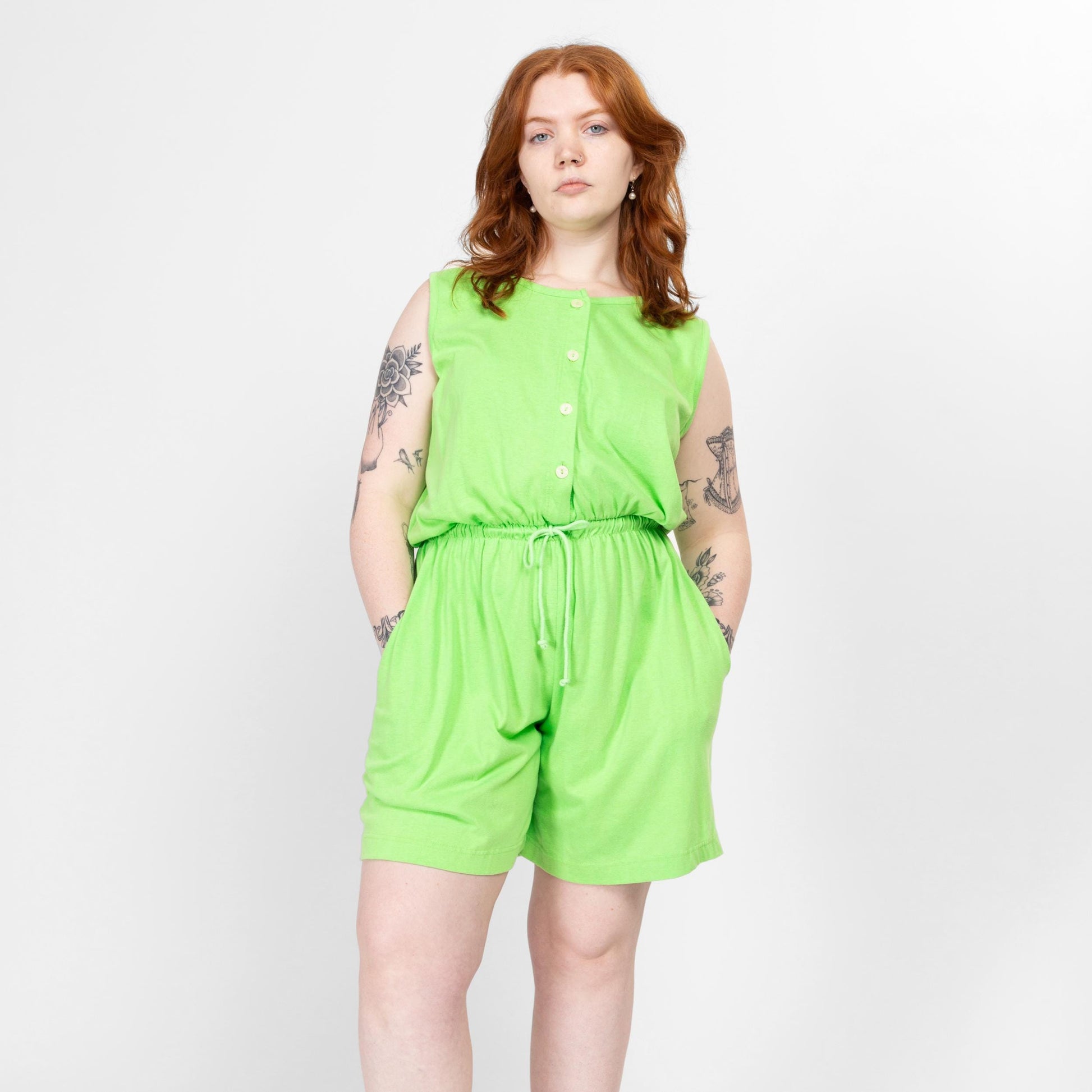 Large 90s Neon Green Lounge Romper | Vintage Colorful Button Up Sleeveless Playsuit