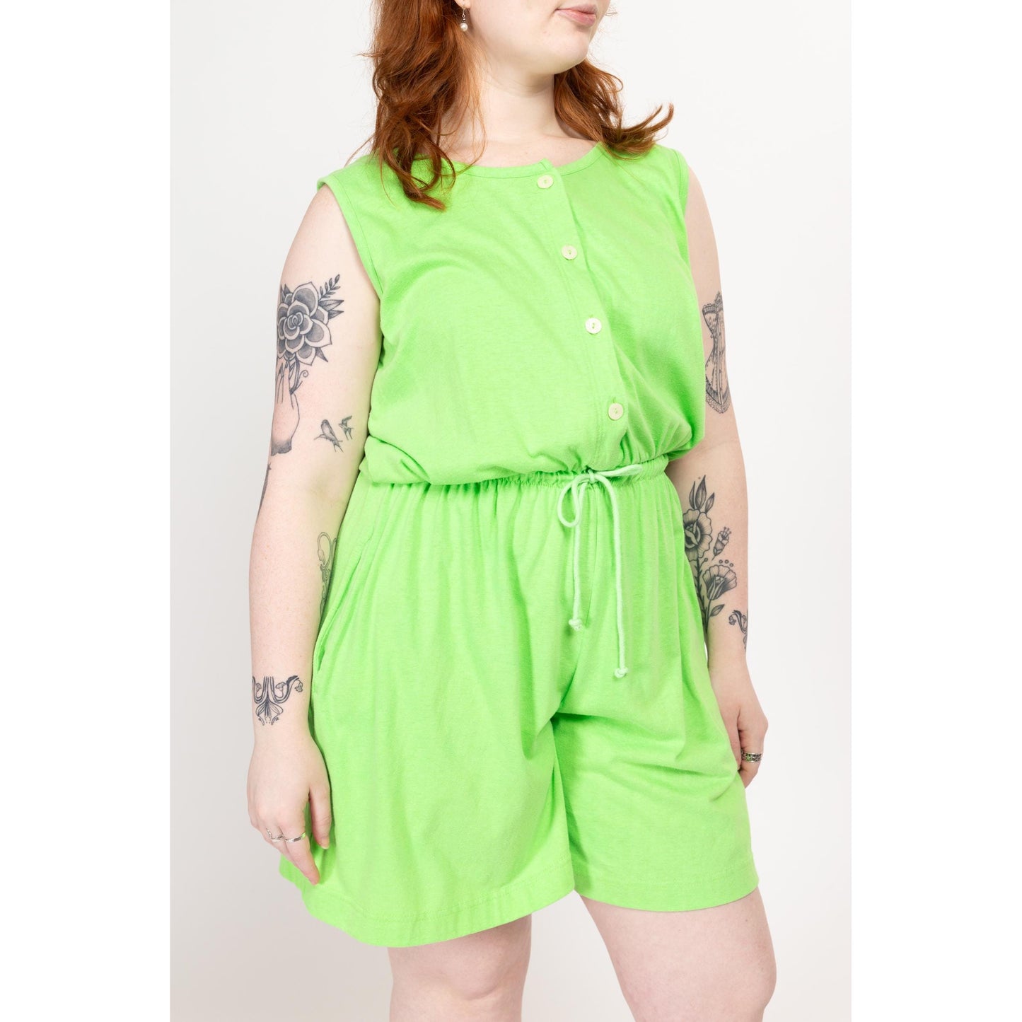 Large 90s Neon Green Lounge Romper | Vintage Colorful Button Up Sleeveless Playsuit