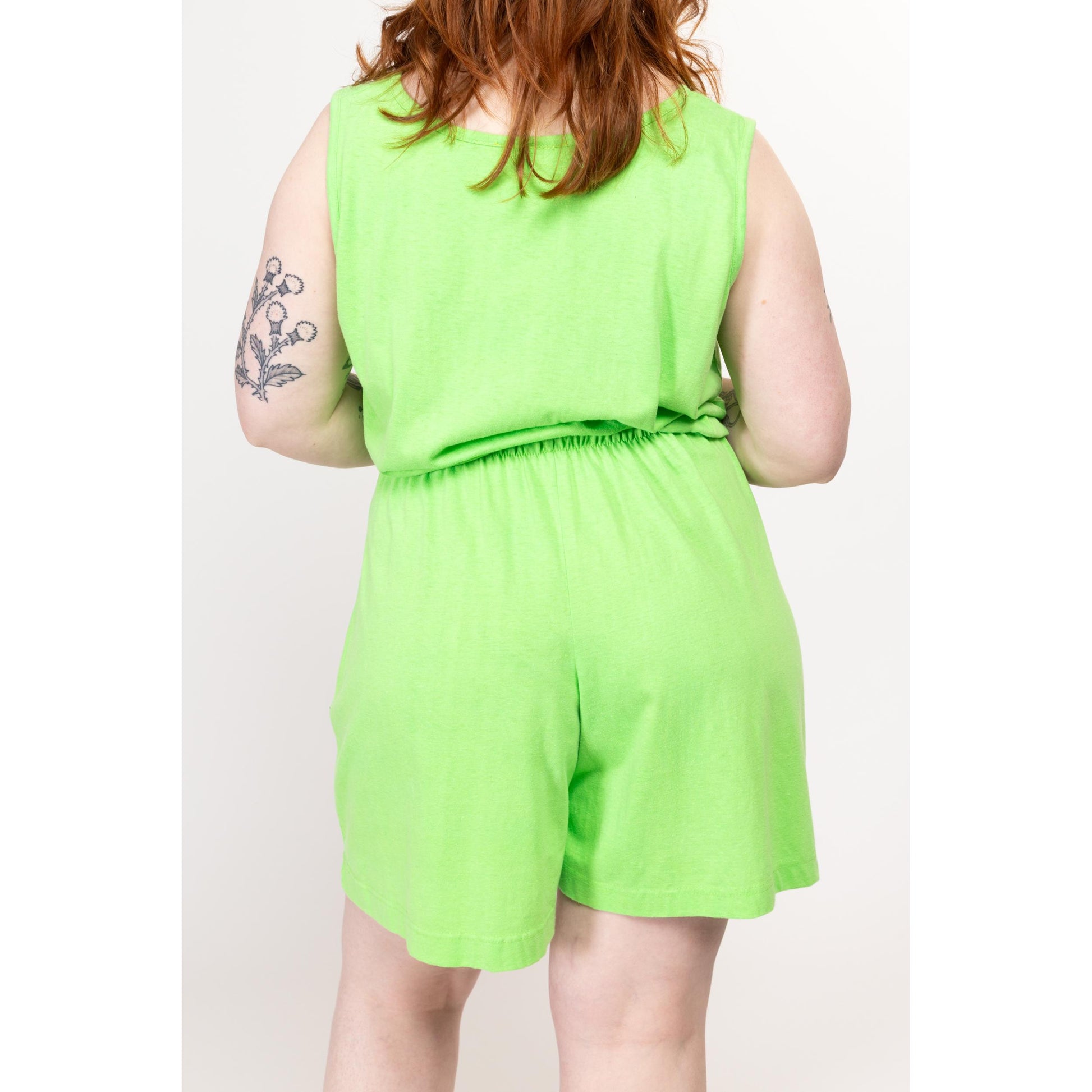 Large 90s Neon Green Lounge Romper | Vintage Colorful Button Up Sleeveless Playsuit