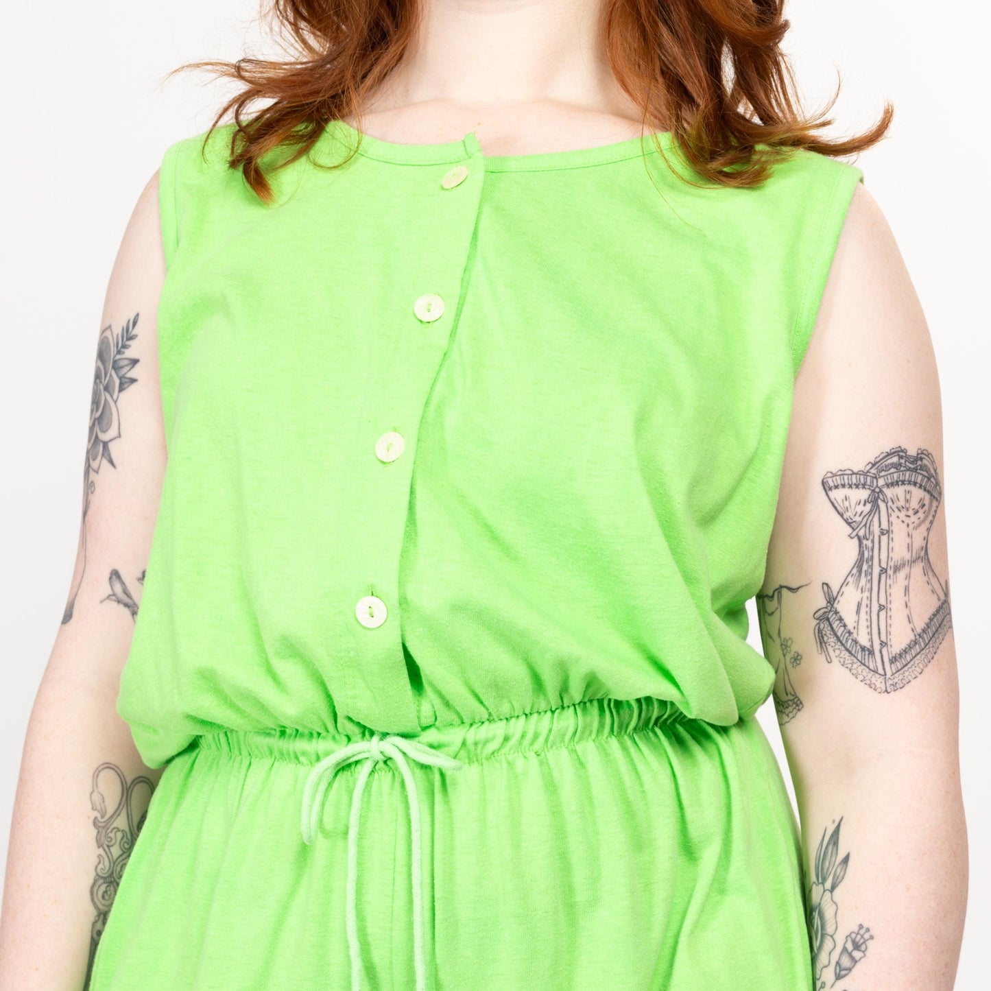 Large 90s Neon Green Lounge Romper | Vintage Colorful Button Up Sleeveless Playsuit