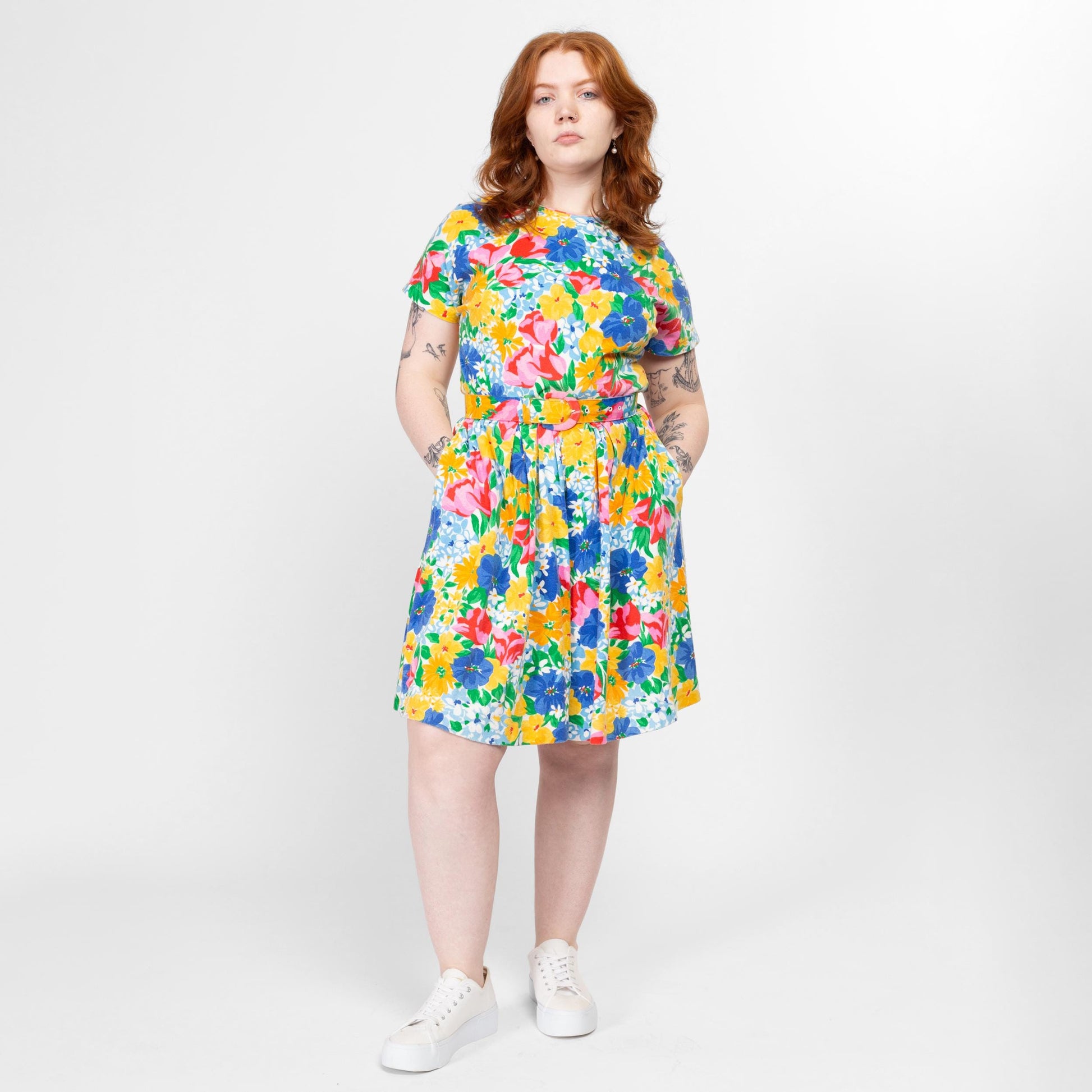 Medium 90s Colorful Floral Belted Lounge Romper | Vintage Short Sleeve Fitted Waist Wide Leg Playsuit