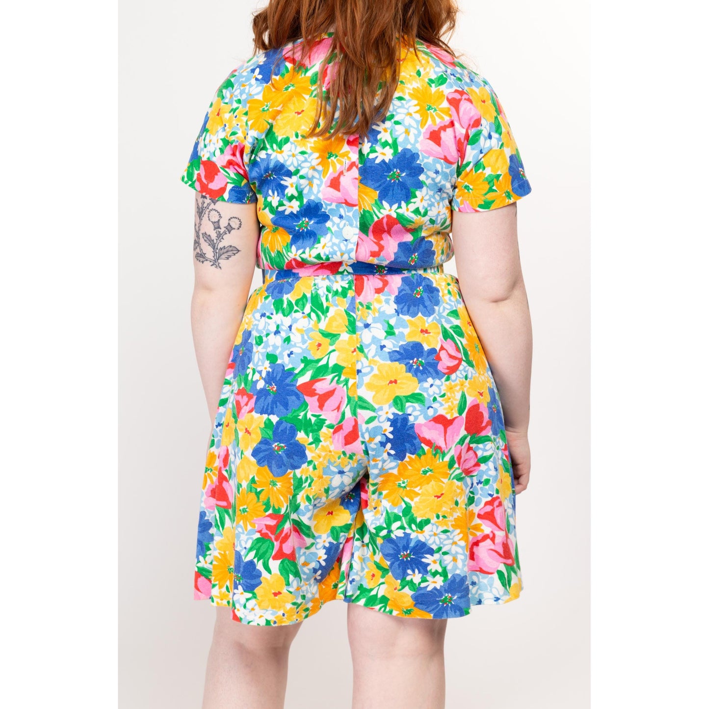 Medium 90s Colorful Floral Belted Lounge Romper | Vintage Short Sleeve Fitted Waist Wide Leg Playsuit