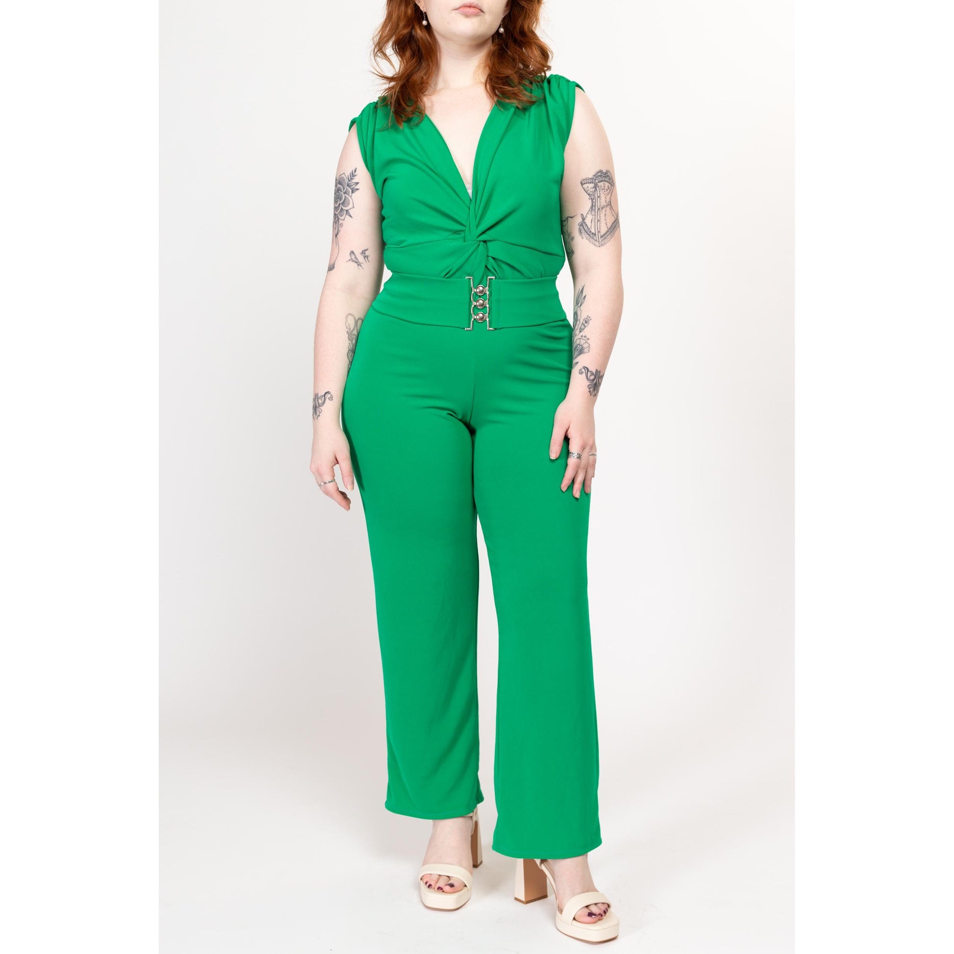 Medium Y2K Kelly Green Belted Jumpsuit | Vintage V Neck Sleeveless Straight Leg Retro Pantsuit