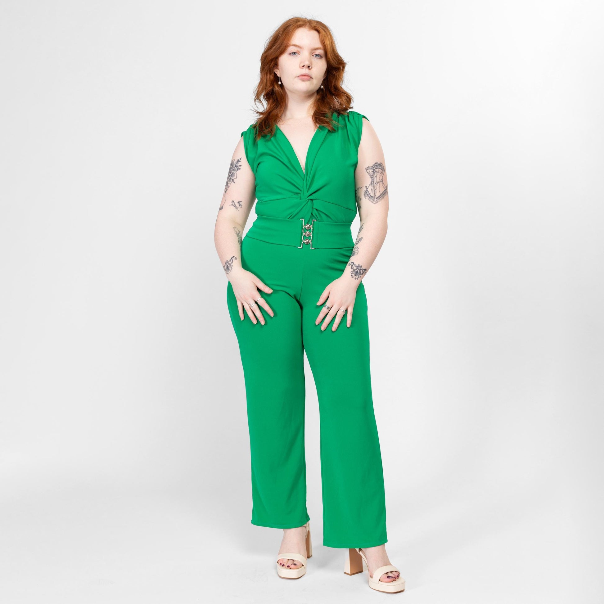 Medium Y2K Kelly Green Belted Jumpsuit | Vintage V Neck Sleeveless Straight Leg Retro Pantsuit