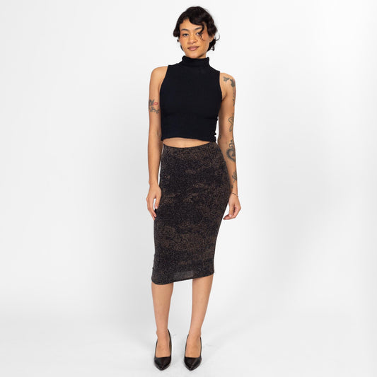 Small 90s Slinky Black Metallic Midi Skirt | Vintage Grunge High Waisted Stretchy Fitted Skirt