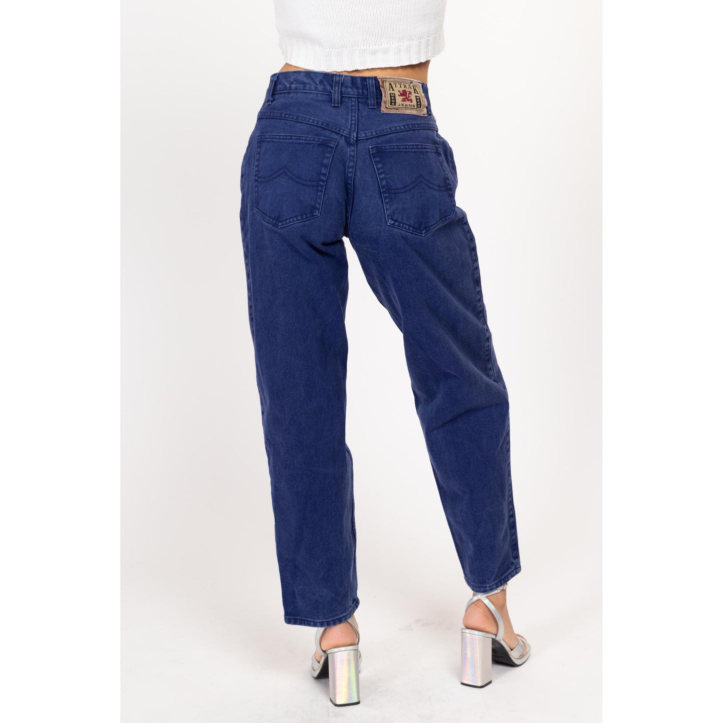 Small 80s Royal Blue High Waisted Jeans 27" | Vintage Pleated Denim Tapered Leg Mom Jeans