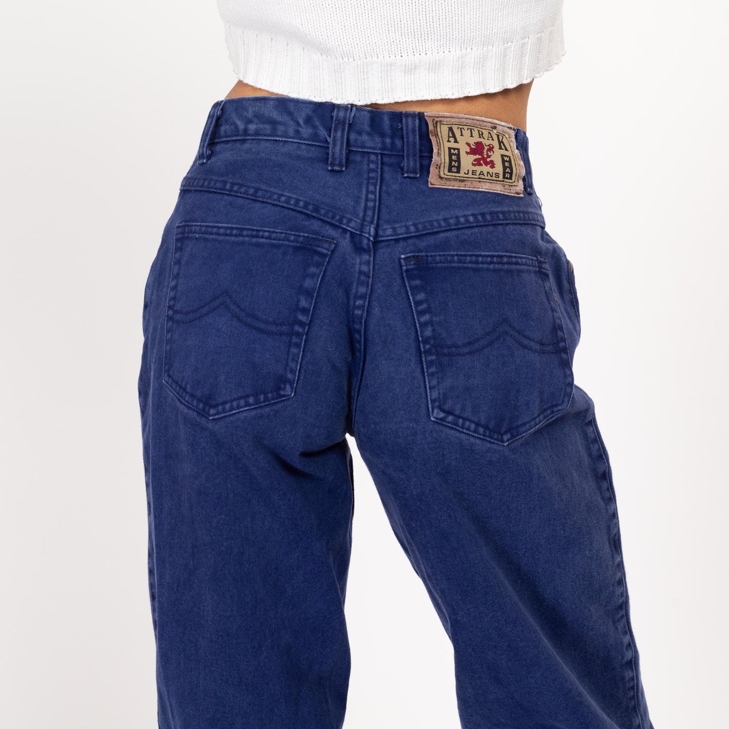 Small 80s Royal Blue High Waisted Jeans 27" | Vintage Pleated Denim Tapered Leg Mom Jeans