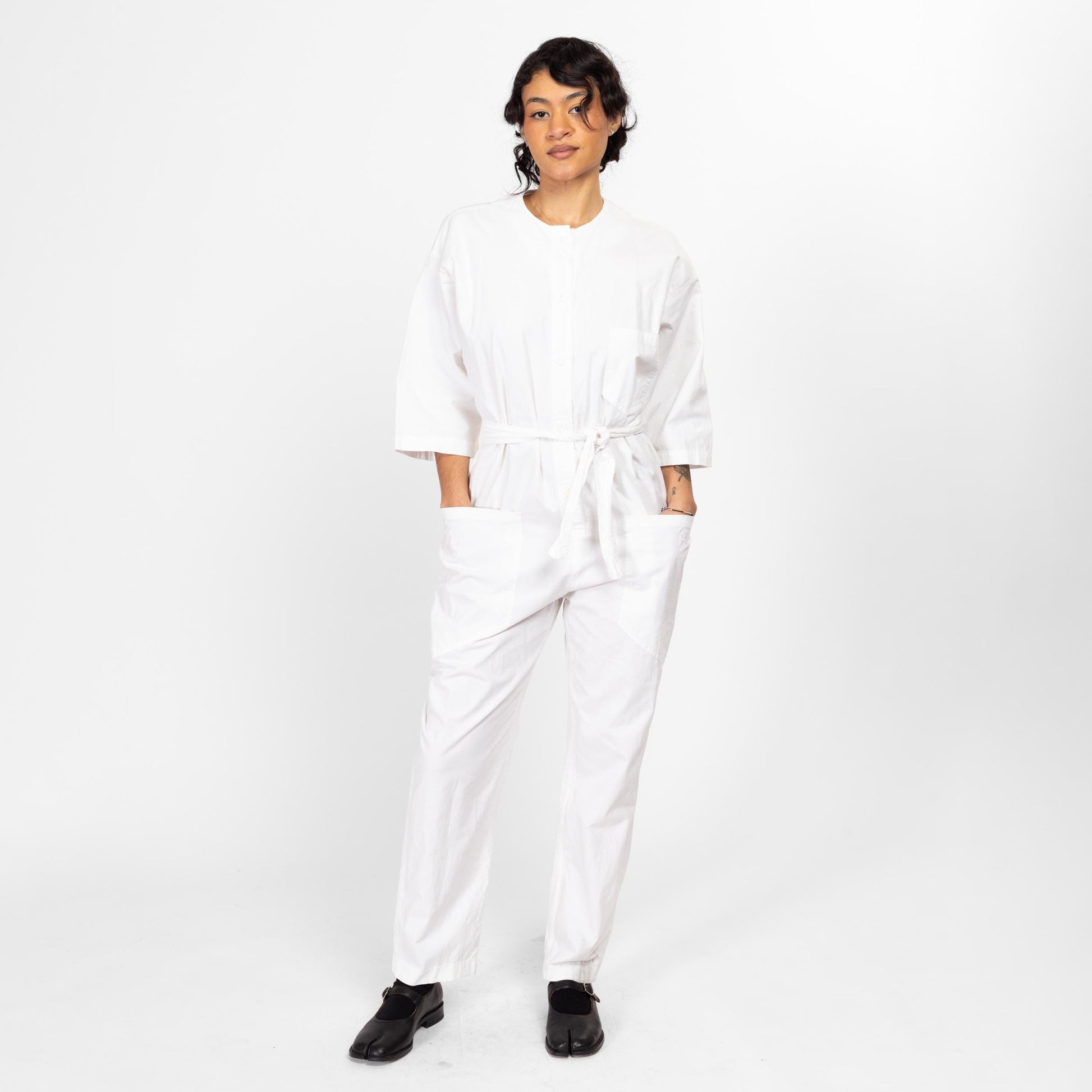 Small 90s Diane Von Furstenberg White Cotton Jumpsuit | Vintage Minimalist Fitted Waist Long Sleeve Button Up Coveralls