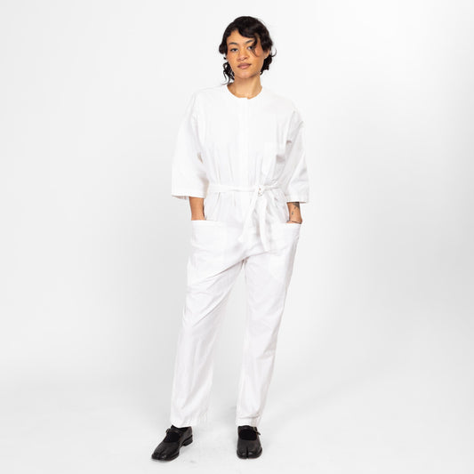 Small 90s Diane Von Furstenberg White Cotton Jumpsuit | Vintage Minimalist Fitted Waist Long Sleeve Button Up Coveralls