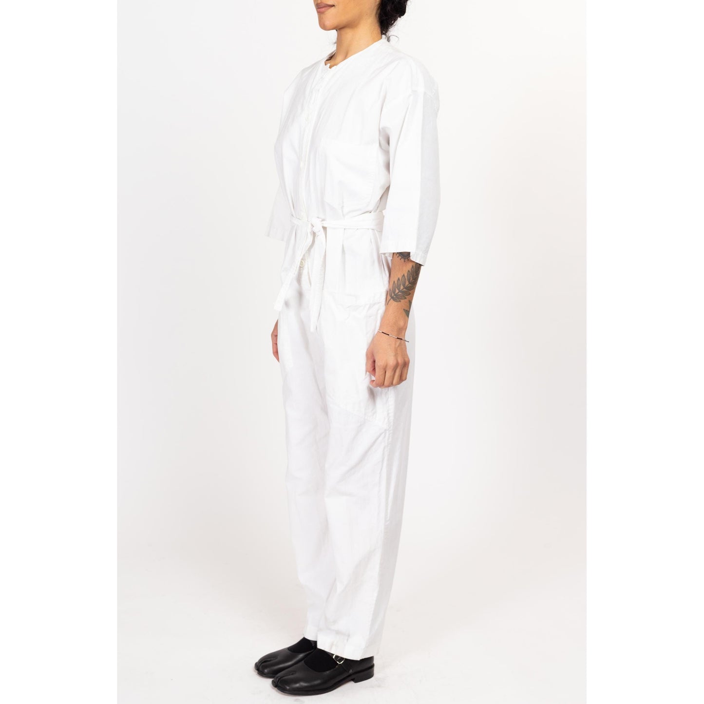 Small 90s Diane Von Furstenberg White Cotton Jumpsuit | Vintage Minimalist Fitted Waist Long Sleeve Button Up Coveralls