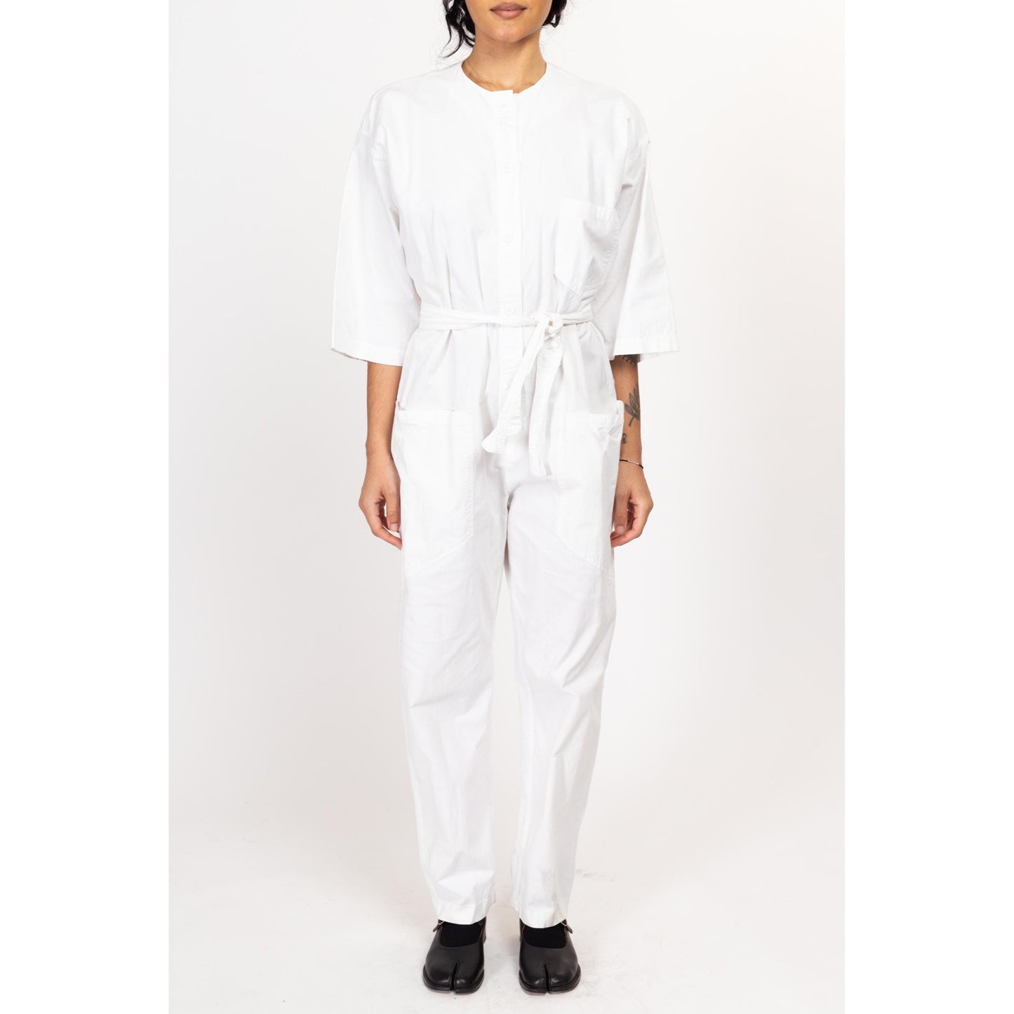 Small 90s Diane Von Furstenberg White Cotton Jumpsuit | Vintage Minimalist Fitted Waist Long Sleeve Button Up Coveralls