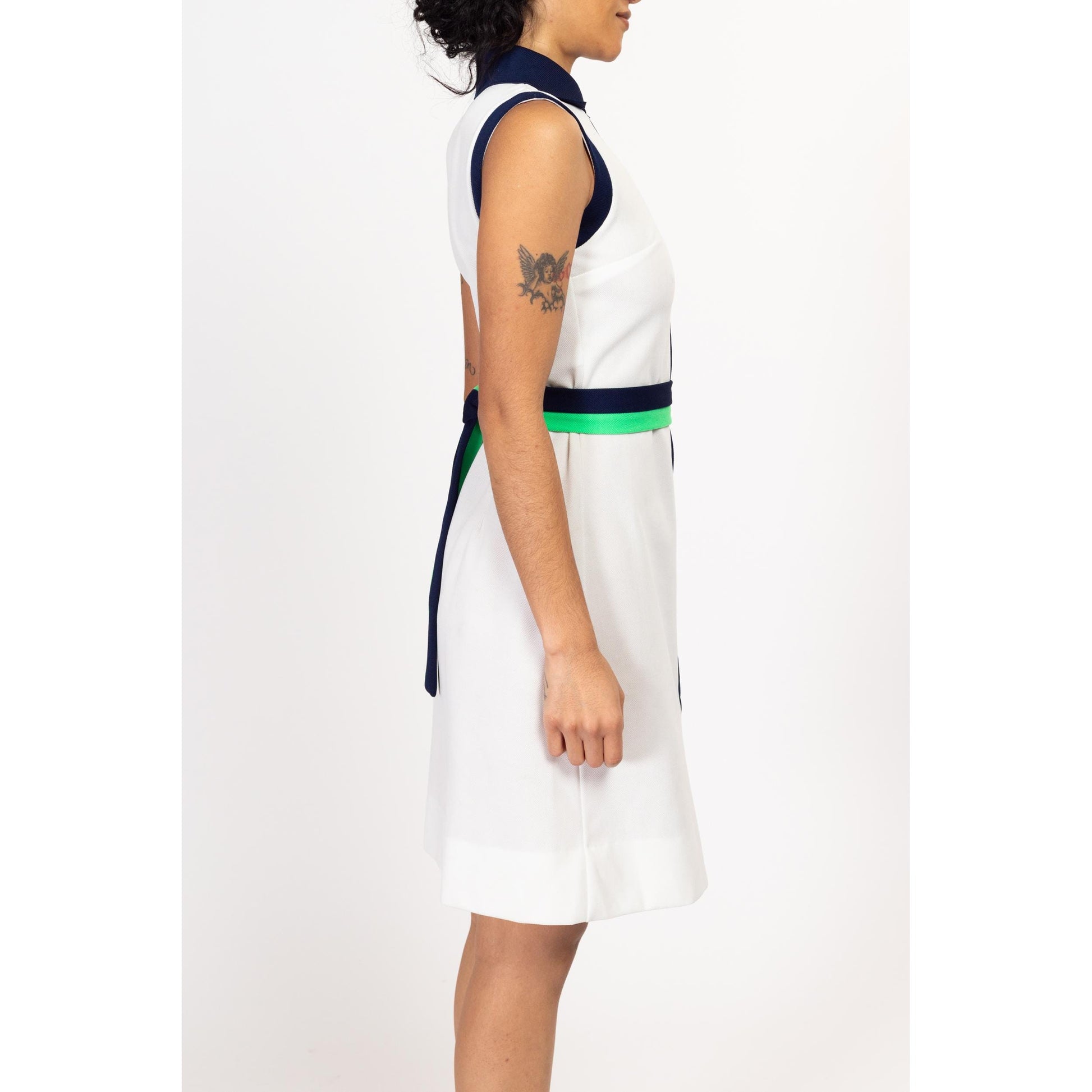 Small 60s 70s David Crystal White Striped Polo Dress | Vintage Sleeveless Collared Zip Up Retro Mini Tennis Dress