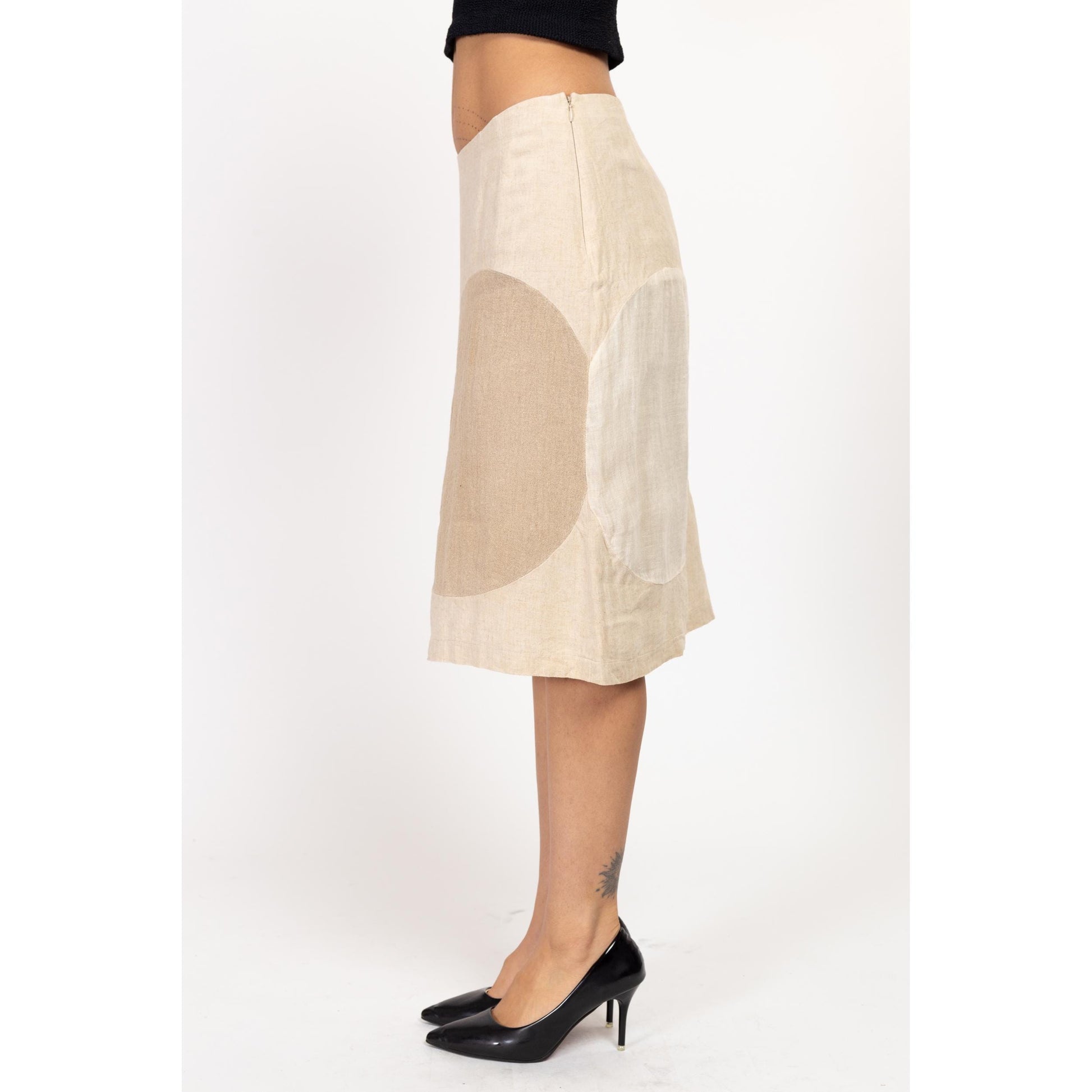 Medium 90s Earth Tone Linen Color Block Midi Skirt 29" | Vintage High Waist A Line Minimalist Skirt