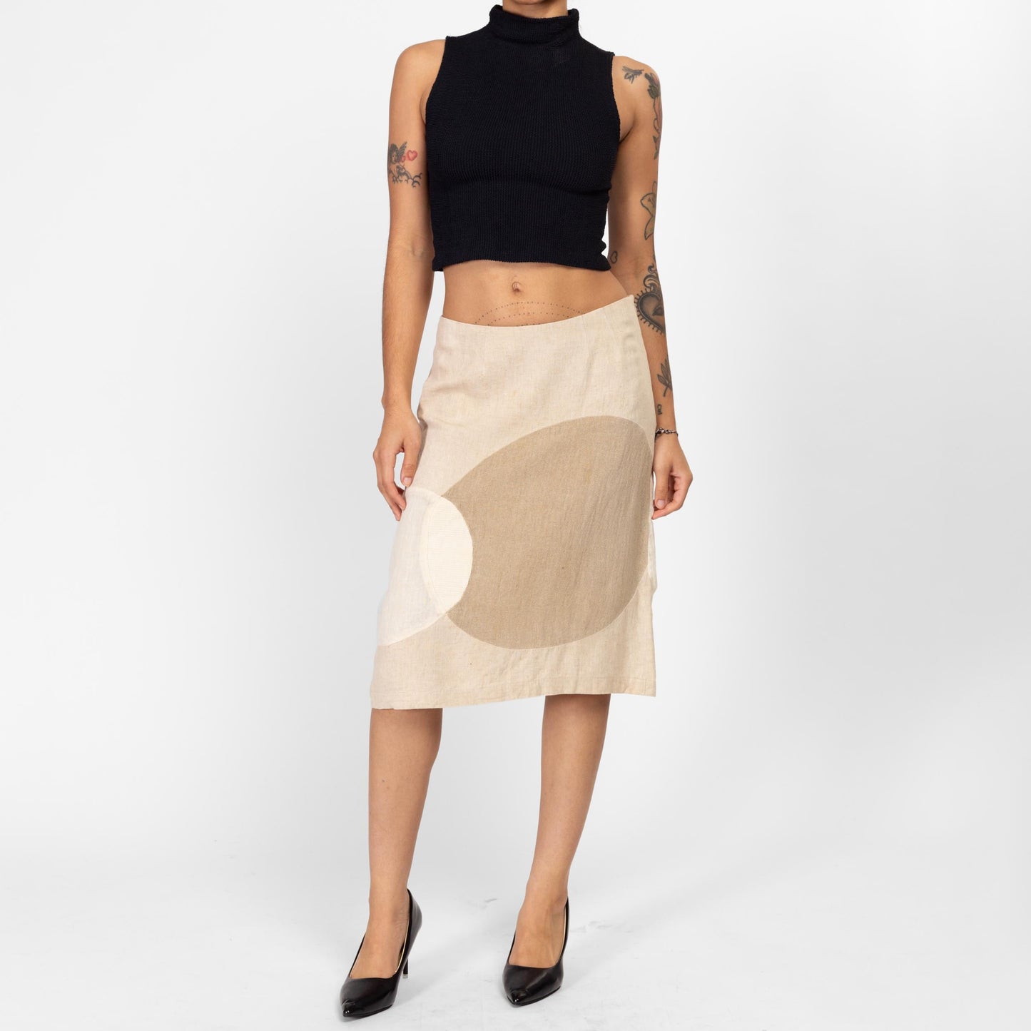 Medium 90s Earth Tone Linen Color Block Midi Skirt 29" | Vintage High Waist A Line Minimalist Skirt