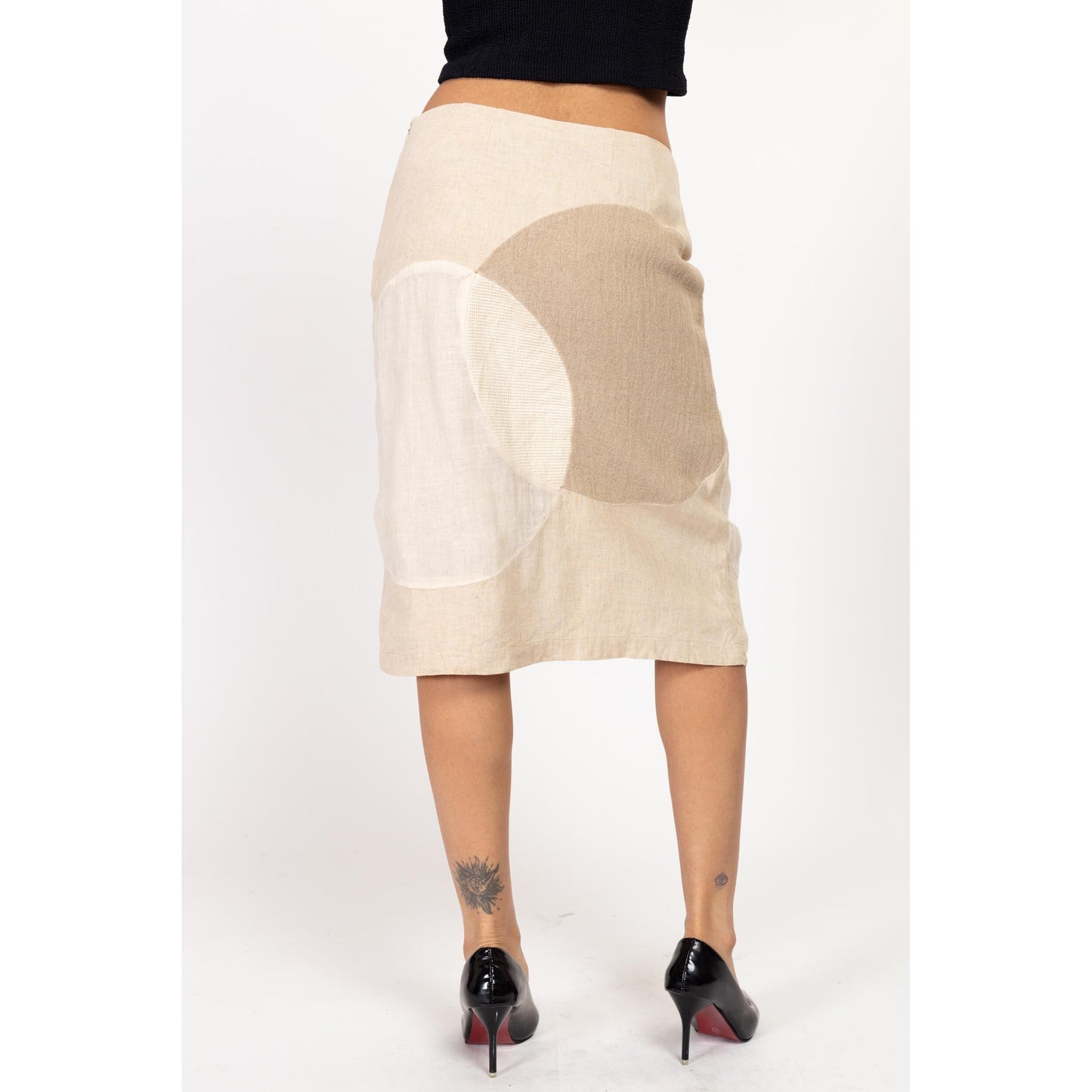 Medium 90s Earth Tone Linen Color Block Midi Skirt 29" | Vintage High Waist A Line Minimalist Skirt