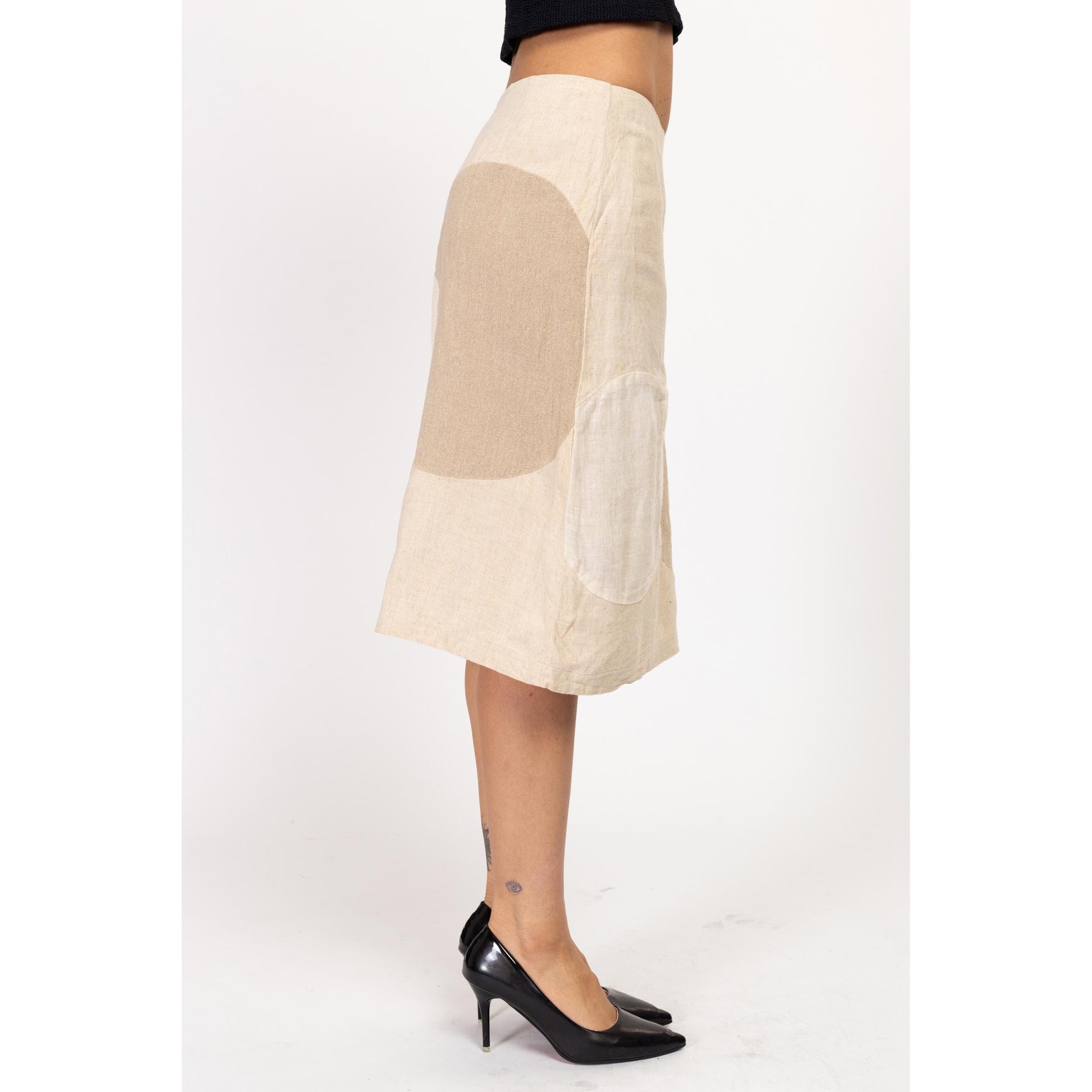 Medium 90s Earth Tone Linen Color Block Midi Skirt 29" | Vintage High Waist A Line Minimalist Skirt