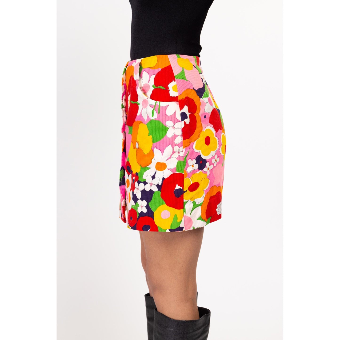 XS 60s Colorful Floral Button Up Mini Skort 25" | Vintage High Waisted Retro Miniskirt Shorts