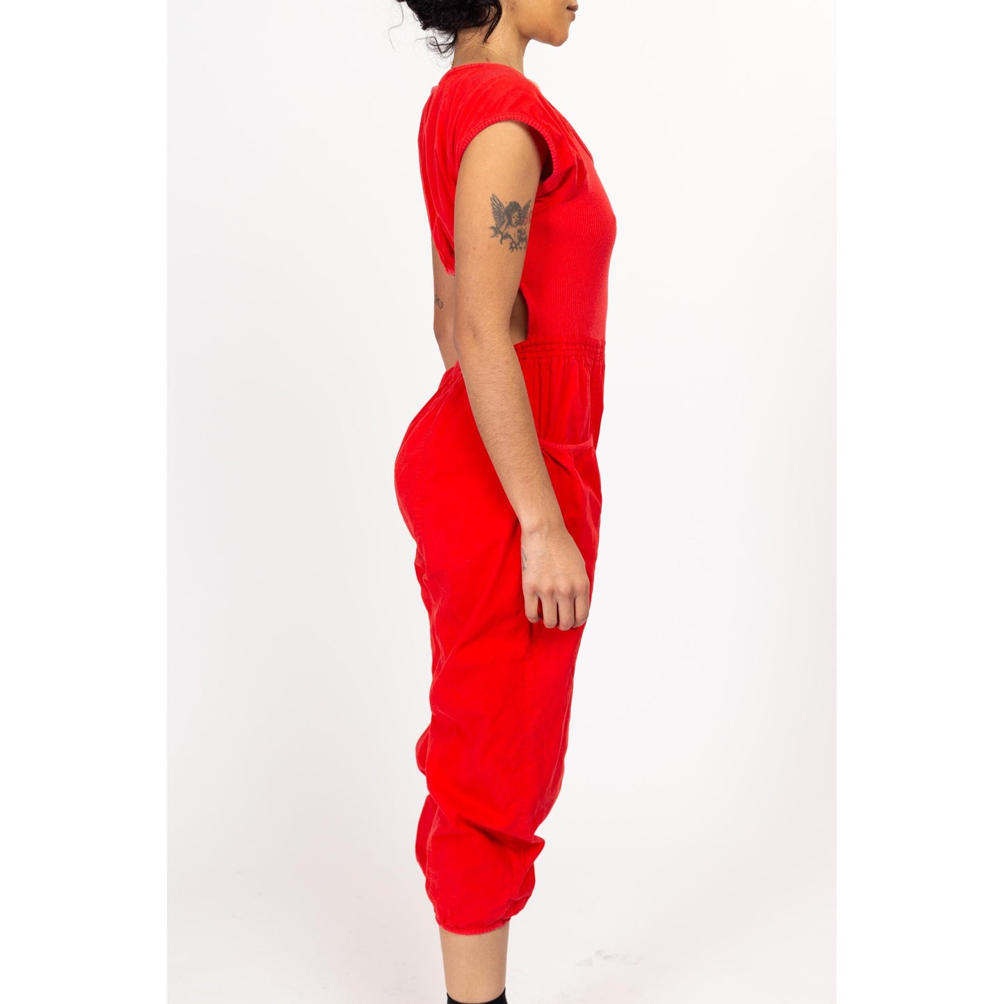 Small 80s Red Cotton Keyhole Back Capri Jumpsuit | Vintage Short Sleeve Scoop Neck Pantsuit